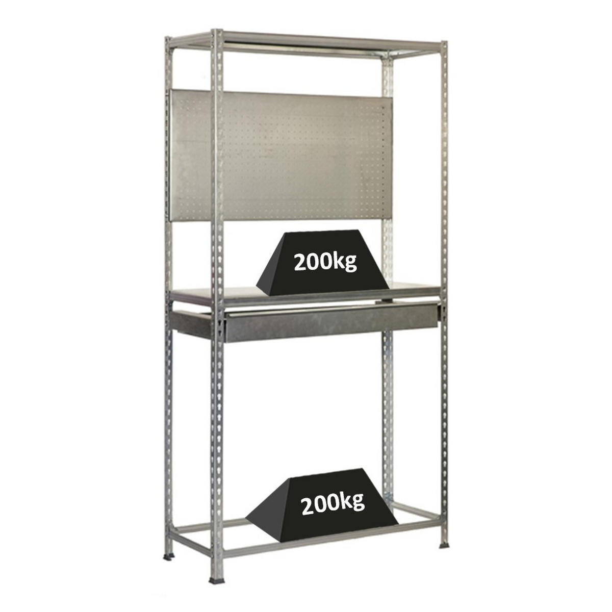 REIFENREGAL mit Arbeitsfläche und Schubfach Metal Shark NO.5 HxBxT 200 x 120 x 40 cm 6 Reifen Verzinkt - Silberfarben, Metall (120/200/40cm) - PROREGAL