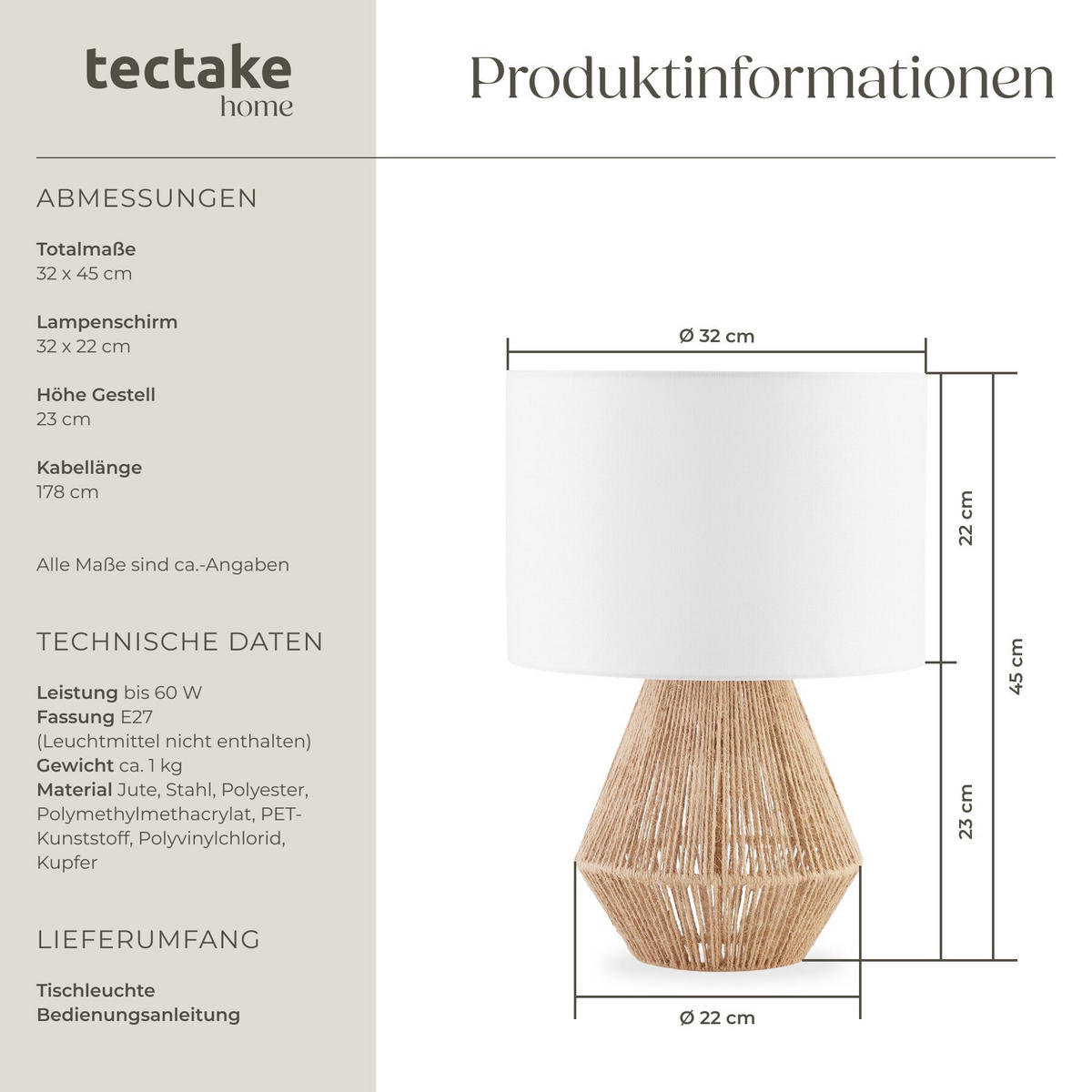 TISCHLEUCHTE Lignea Lux aus Jute, 32 x 45 cm, natur - Naturfarben, Metall (32/32/45cm) - tectake