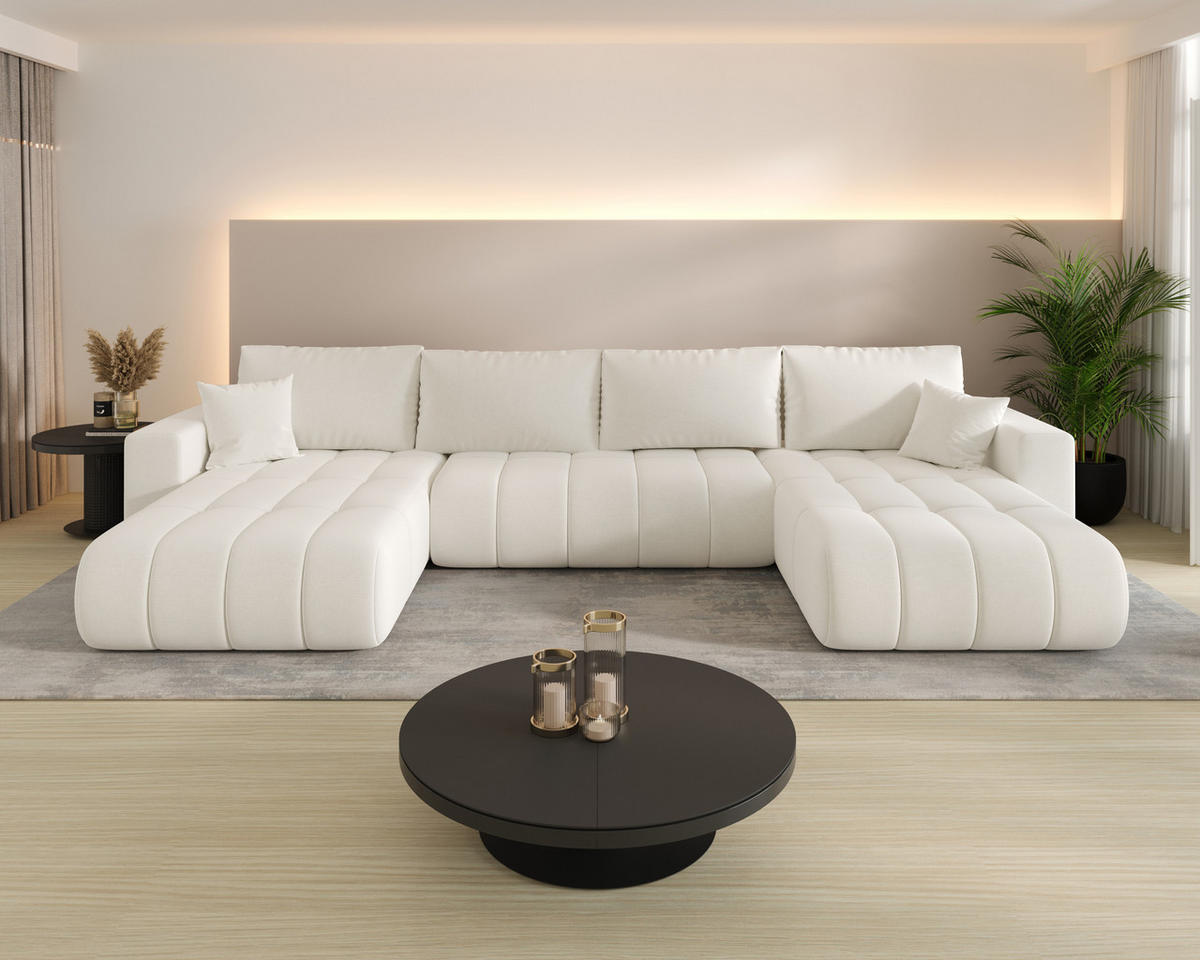 WOHNLANDSCHAFT ARDEN-U Samt mit Schlaffunktion und Bettkasten ECRU - Ecru, Textil (384/85/175cm) - Luxkor24