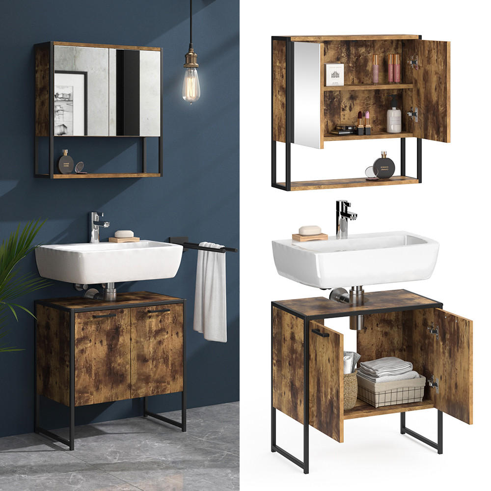 BADMÖBEL-SET Fyrk Antikholz 2 Teile, mit Spiegelschrank - Eichefarben/Schwarz, Holzwerkstoff (60/60/33cm) - Vicco