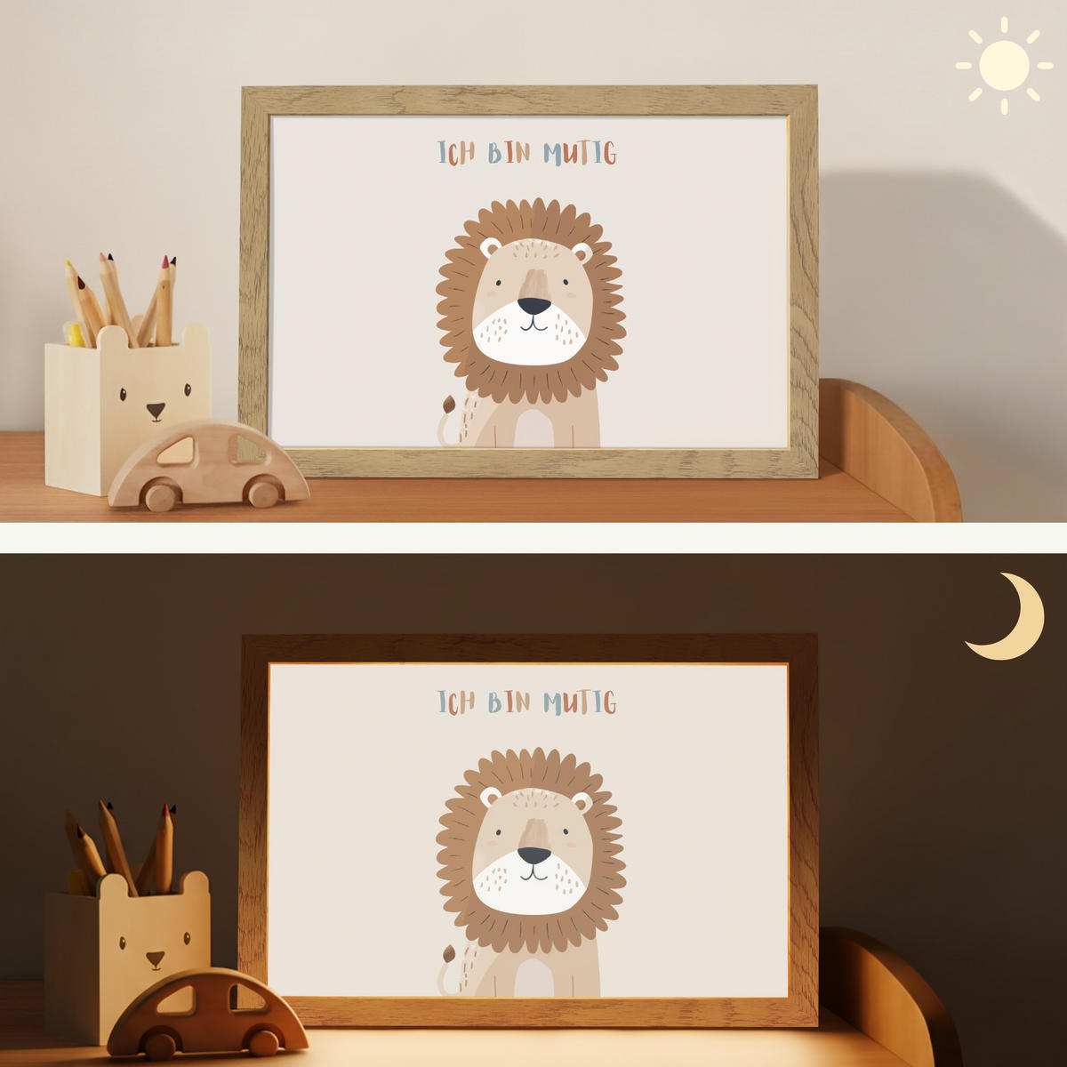 NACHTTISCHLAMPE Löwe - Beige - Tier - Mutig - Zitat 30x20 cm - Beige, Holzwerkstoff (8/30/20cm)