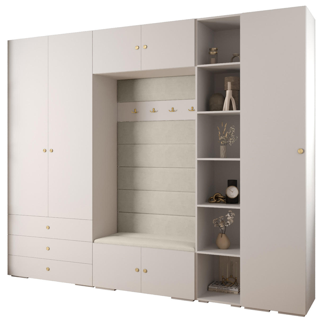 Abiks Möbel Garderoben-Set Weiß, Beige, Gold 290x236.7x47 cm
