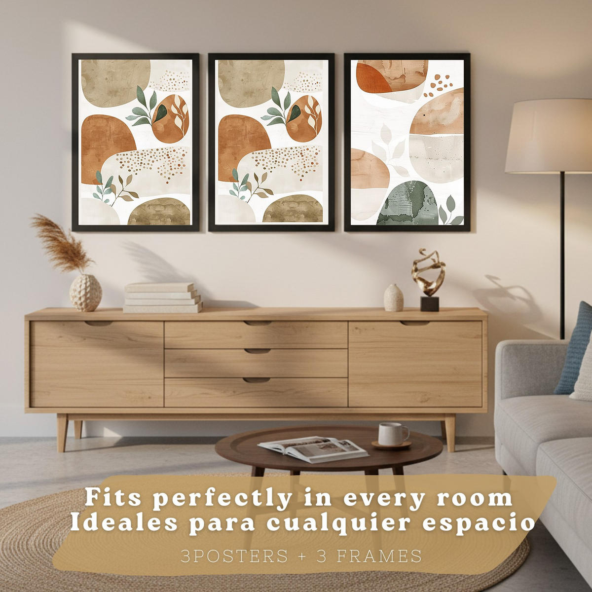 PLAKAT Sada 3 Abstraktní kameny A3 Černý rám - černá, papír (29.7/1/42cm) - Nacnic