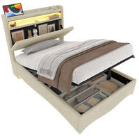 POLSTERBETT 90/200 cm Beige aus Leinen mit LED, USB und Stauraum - Beige, Textil (90/200cm) - OKMYHOME