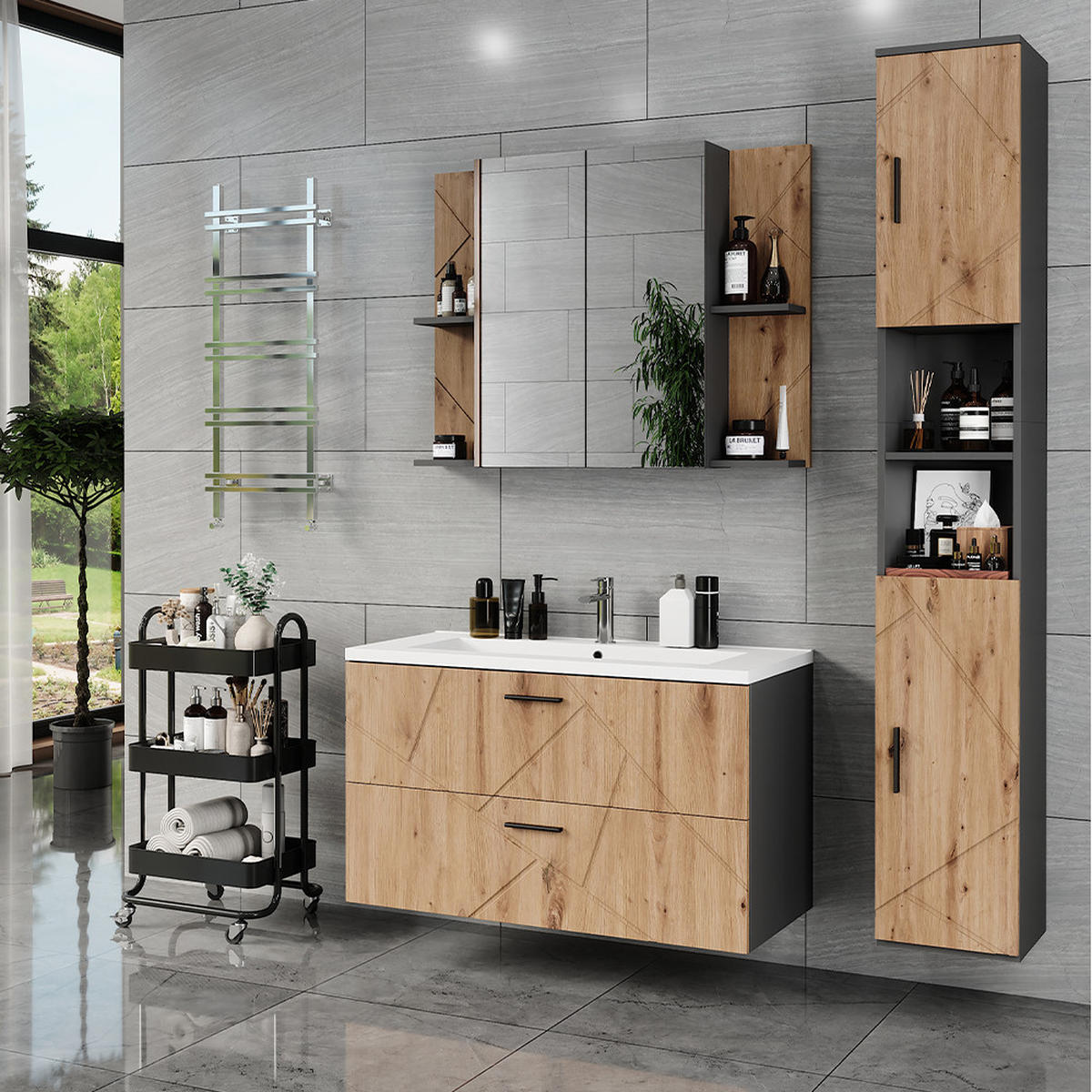 SESTAVA KOUPELNOVÉHO NÁBYTKU Irma Antracit/Artisan - antracitová/dub artisan, kompozitní dřevo (100/57/44.6cm) - Vicco