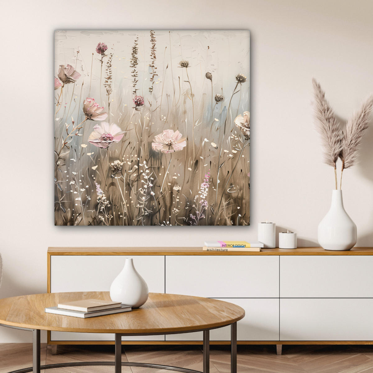 LEINWANDBILD Blumen - Rosa - Modern - Beige Deko Groß 90x90 cm - Beige, Textil (90/90cm) - MuchoWow