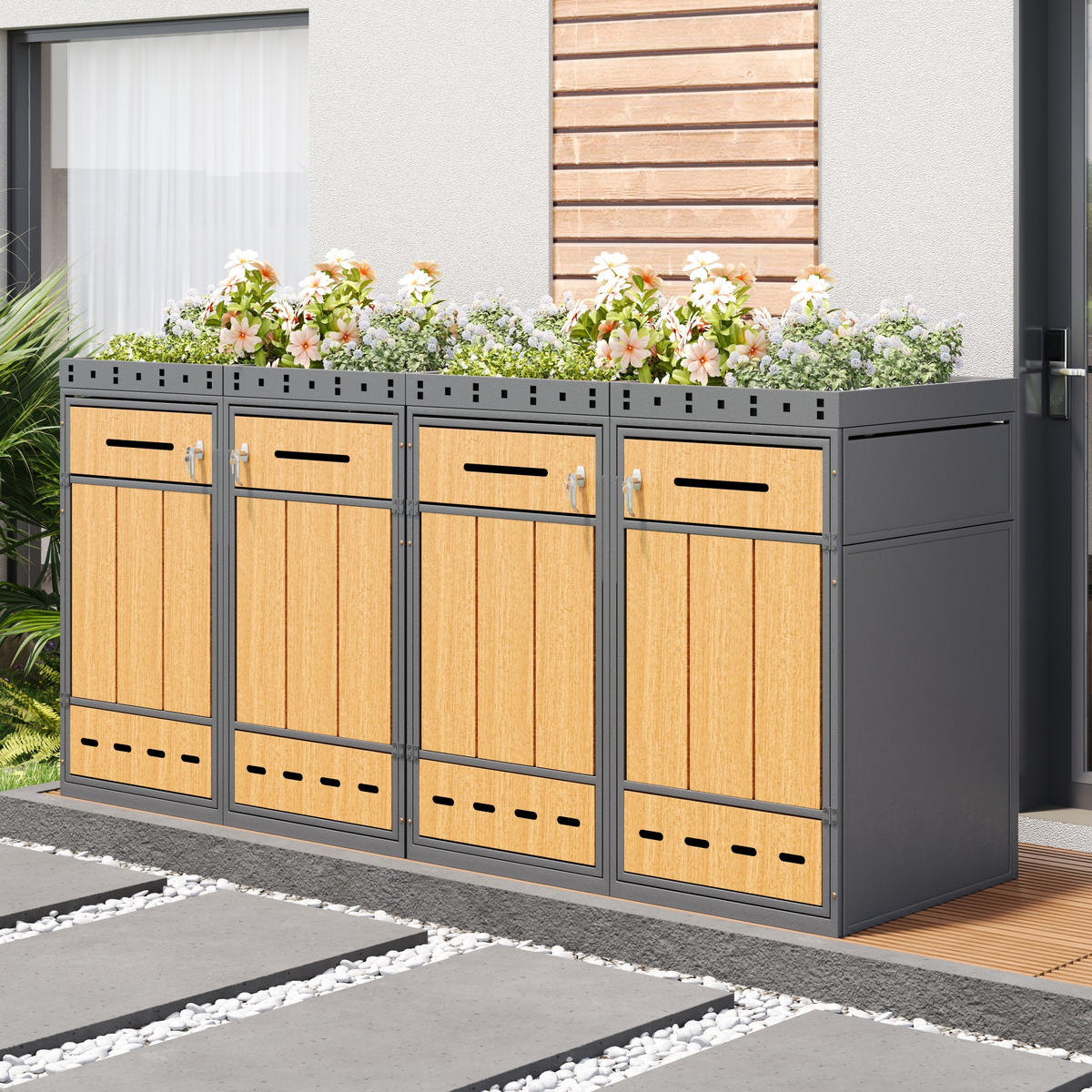 MÜLLTONNENBOX Klappdeckel Holzmaserung Grau - Grau, Metall (132/118.5/80cm) - ComfortXL
