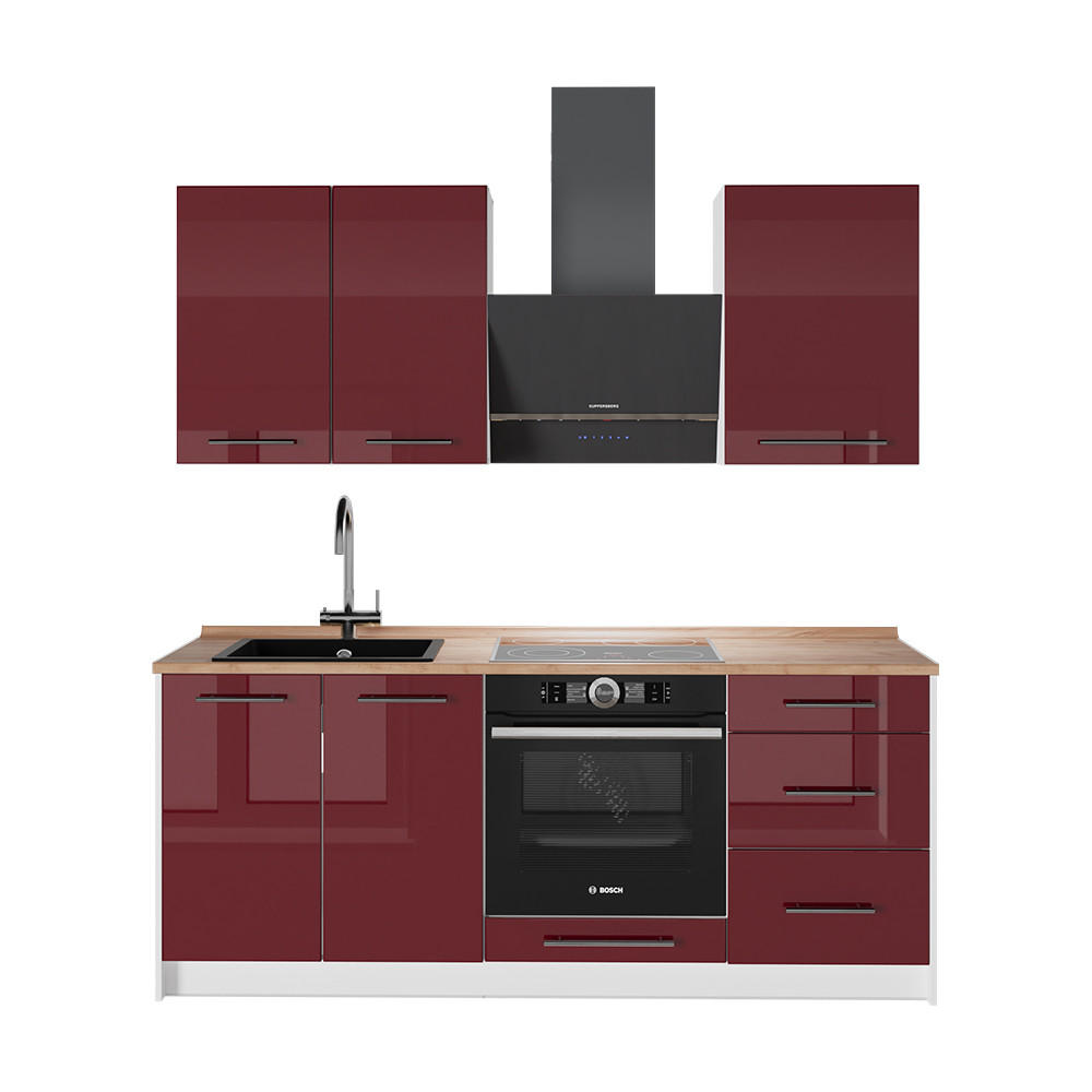 SINGLEKÜCHE Fame-Line, Bordeaux Hochglanz/Weiß, 190 cm, AP Eiche - Bordeaux/Weiß, Holzwerkstoff (190/82/60cm) - Vicco