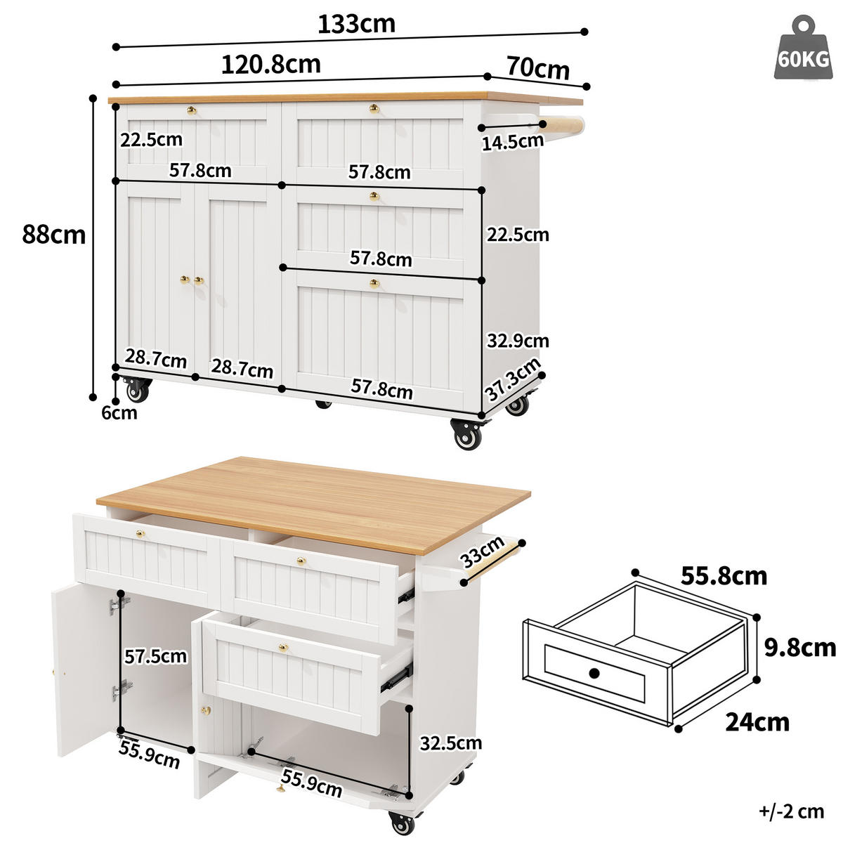 KÜCHENINSEL Weiß 133/70/88 cm - Weiß, Holzwerkstoff/Metall (70/88/133cm) - Urban Meuble