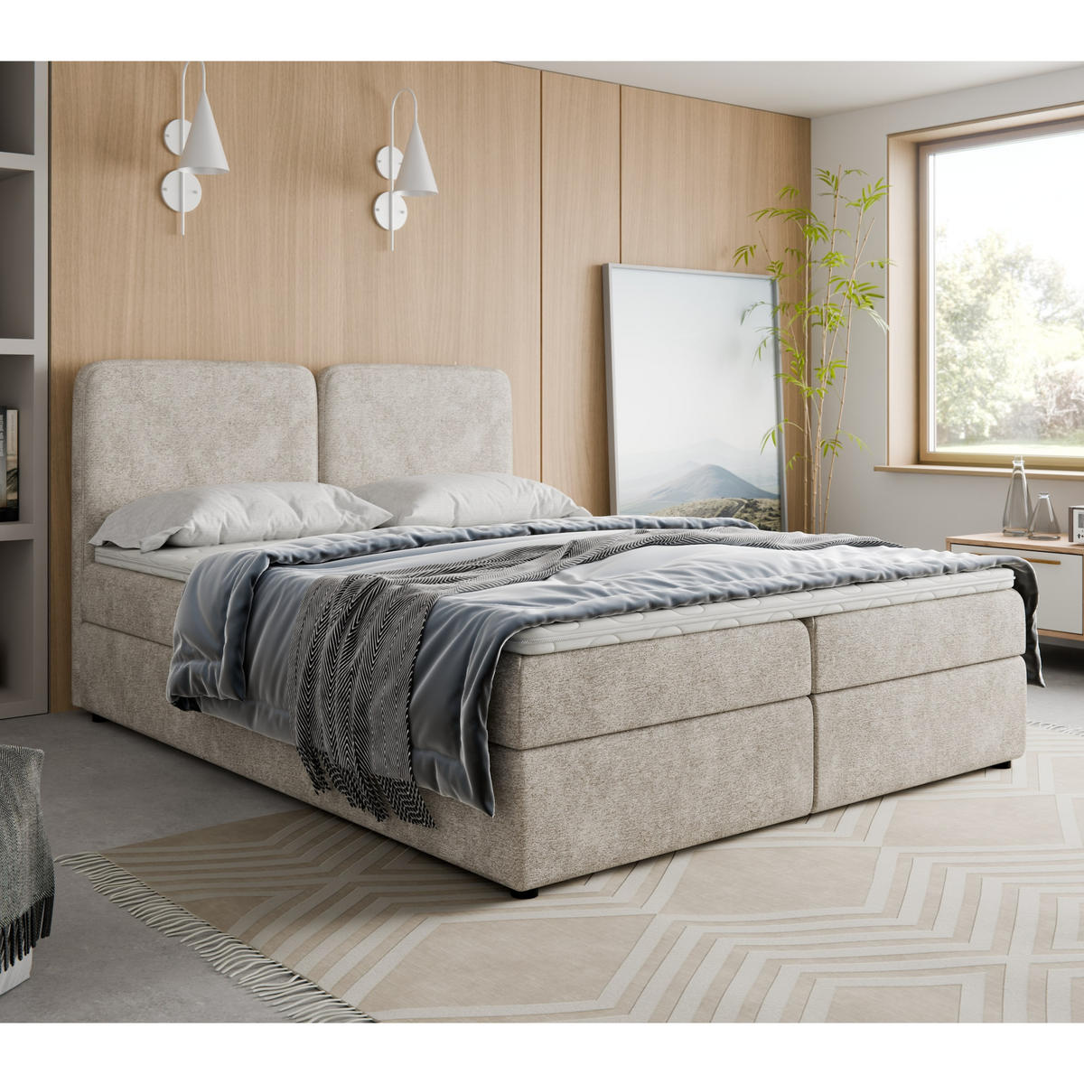 BOXSPRINGBETT BOHO 140x200 cm, Hellbeige Bouclé Toro, inkl. Bettkasten & Topper - Beige, Textil (140/200cm) - Excellent Home