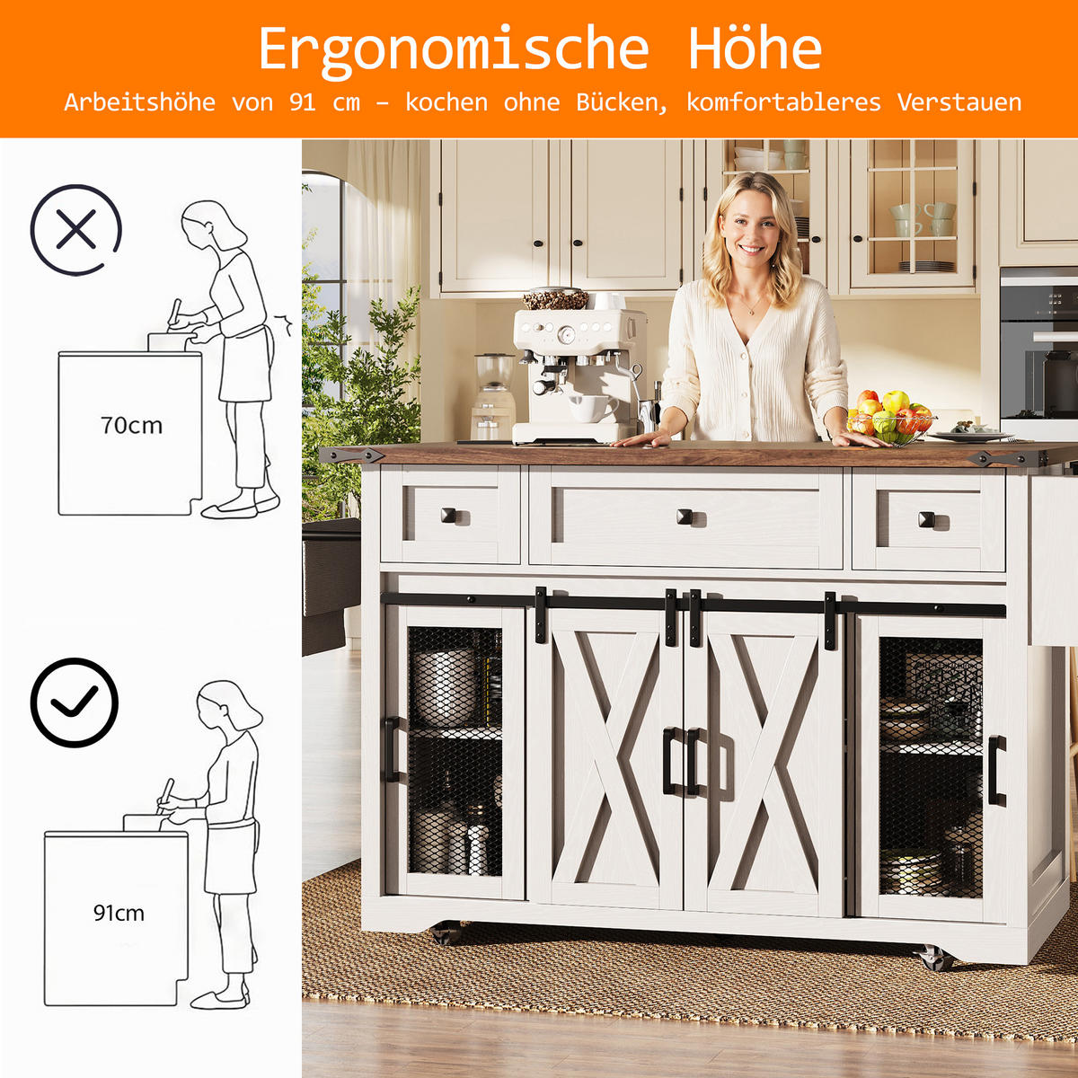 KÜCHENINSEL Küchenwagen Ausziehbare Arbeitsplatte Weiß - Weiß, Holzwerkstoff (120.2/91.5/45.3cm) - FLIEKS