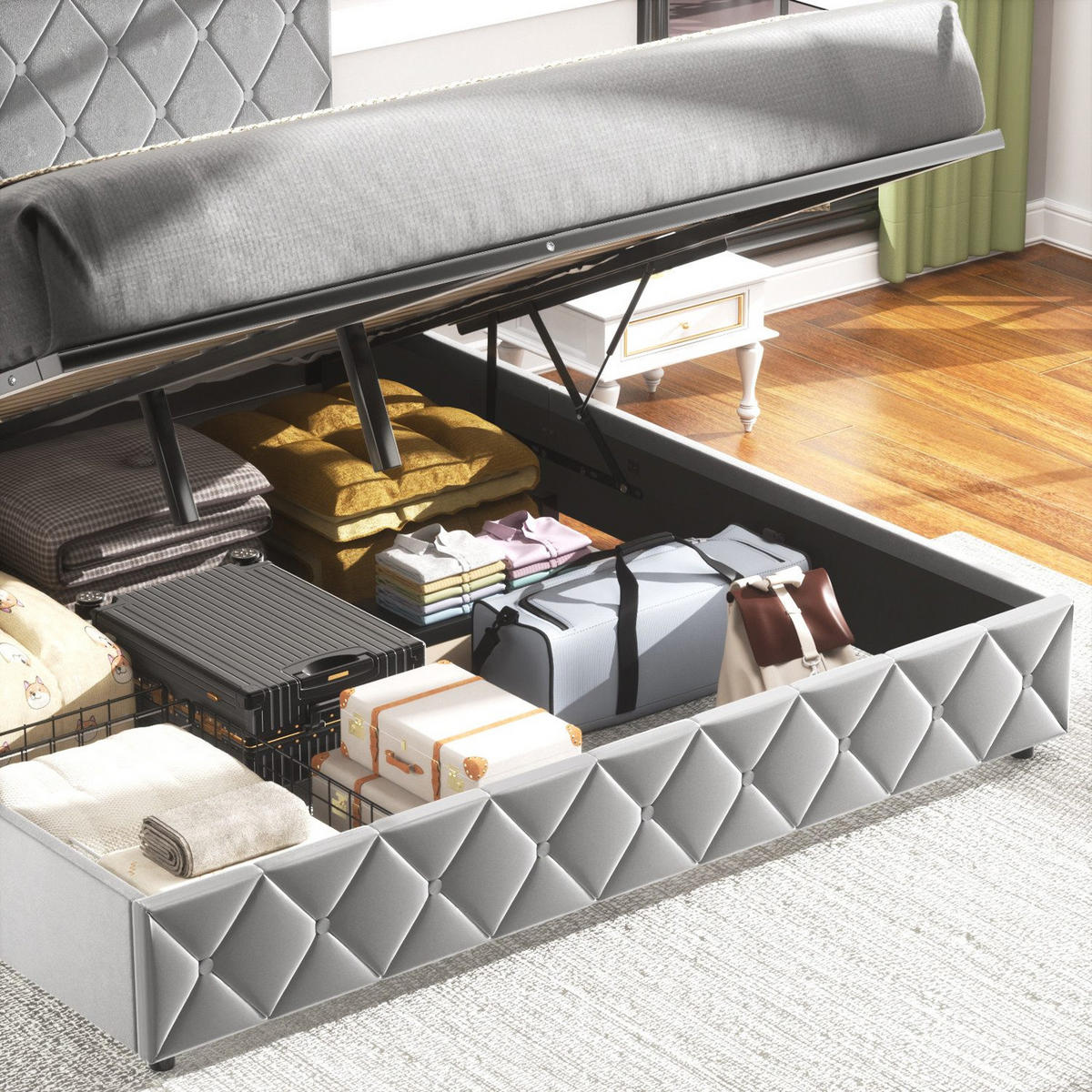 POLSTERBETT 90/190 cm Grau mit hydraulischem Stauraum aus Samt - Grau, Holzwerkstoff (90/190cm) - OKWISH