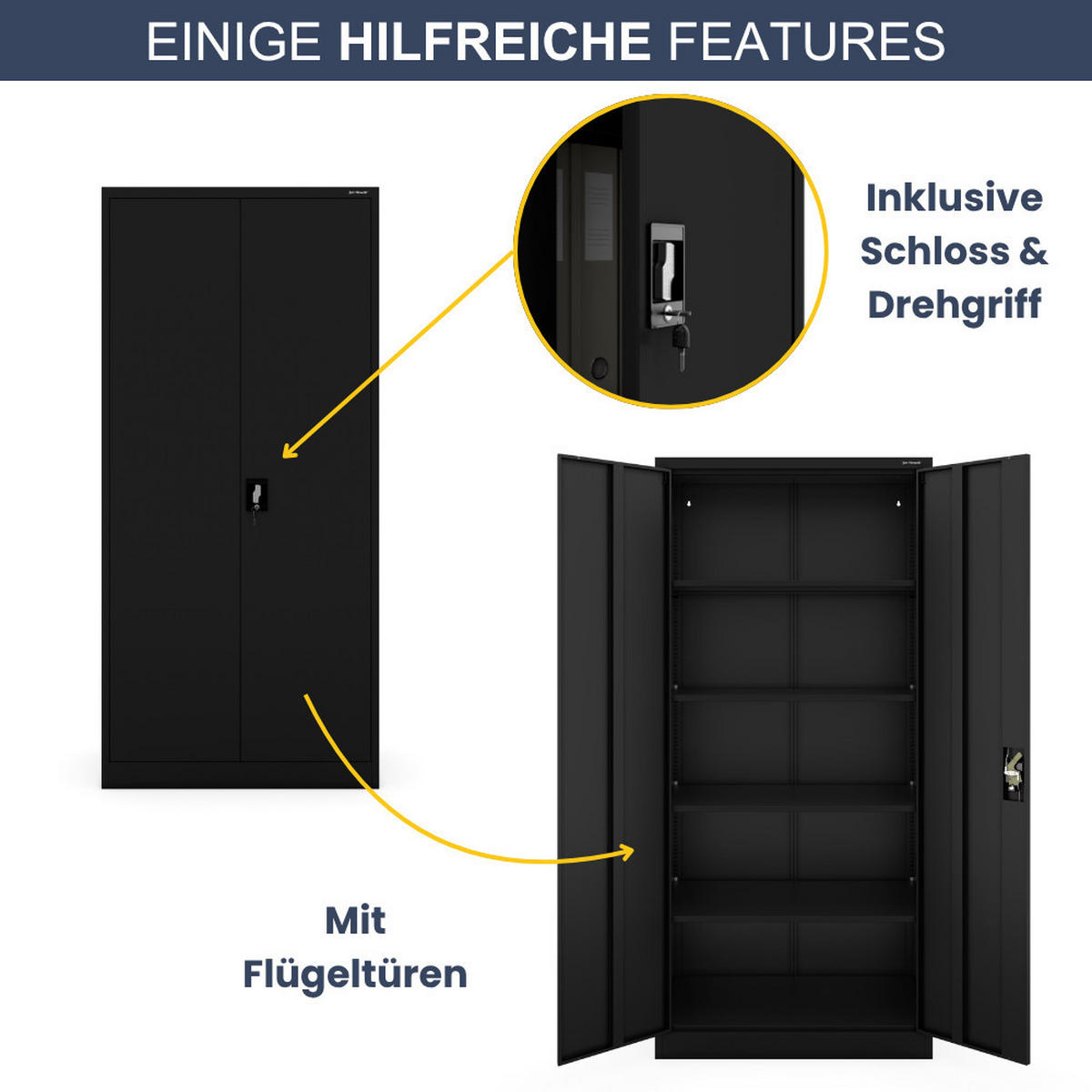 AKTENSCHRANK abschließbar KADO Flügeltüren 195x90x60cm Schwarz - Schwarz, Metall (90/195/60cm) - DELUKE