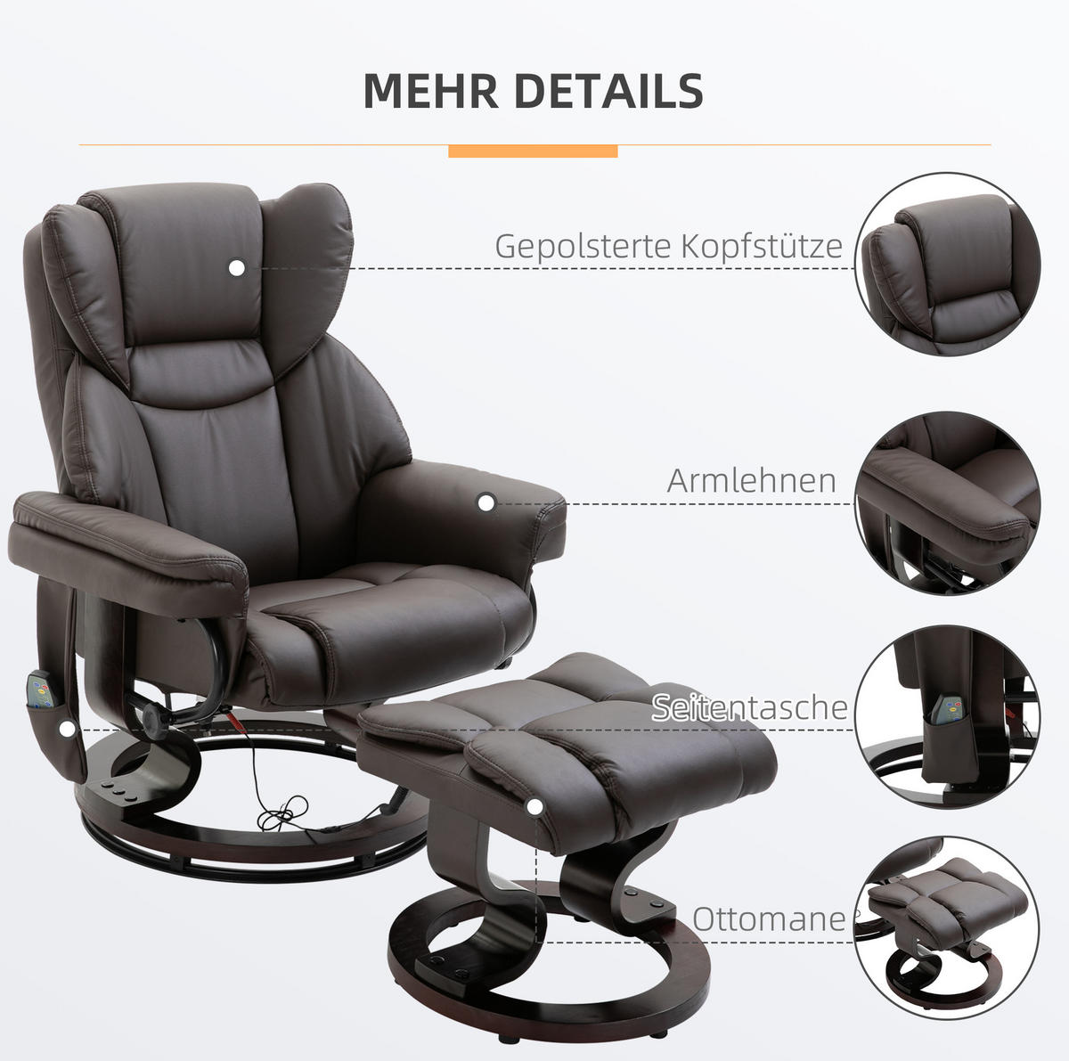 RELAXAČNÍ křeslo 79/82/101 cm hnědé z oceli s masážní a polohovací funkcí - hnědá, plast (82/101/79cm) - OKWISH