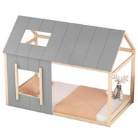 HAUSBETT aus Kiefernholz 90x200 cm Natur/Grau im Hausdesign mit Dach, Fenster und offenem Rahmen - Grau, Holzwerkstoff (90/200cm) - Modfu