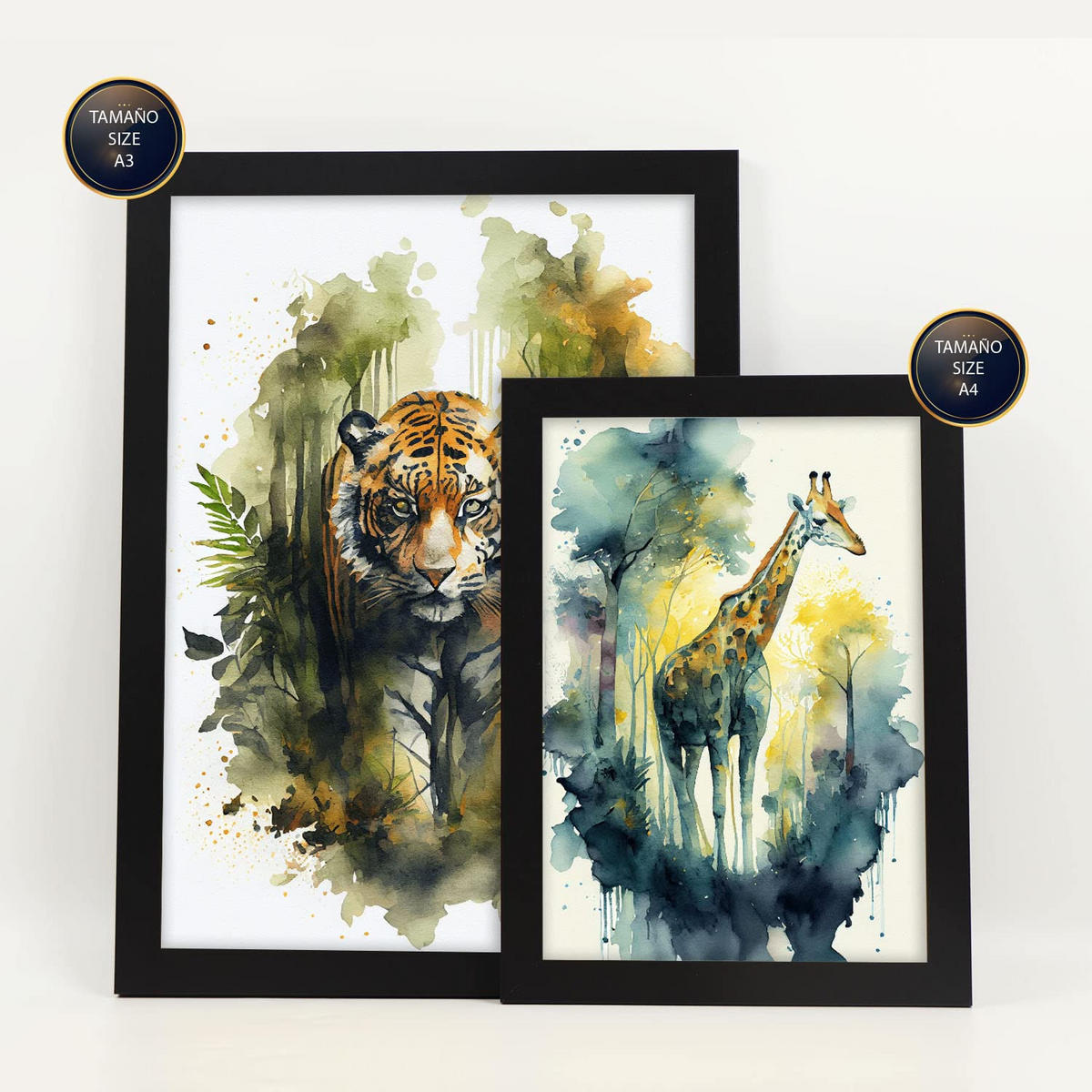 POSTER Set Mit 6 Warm Und Kalt Illustrationen Von Tieren In Naturlandschaften, Realistischer Aquarellstil Innenarchitektur A3 & A4 Schwarzer Rahmen - Schwarz, Papier (29/3cm) - Nacnic