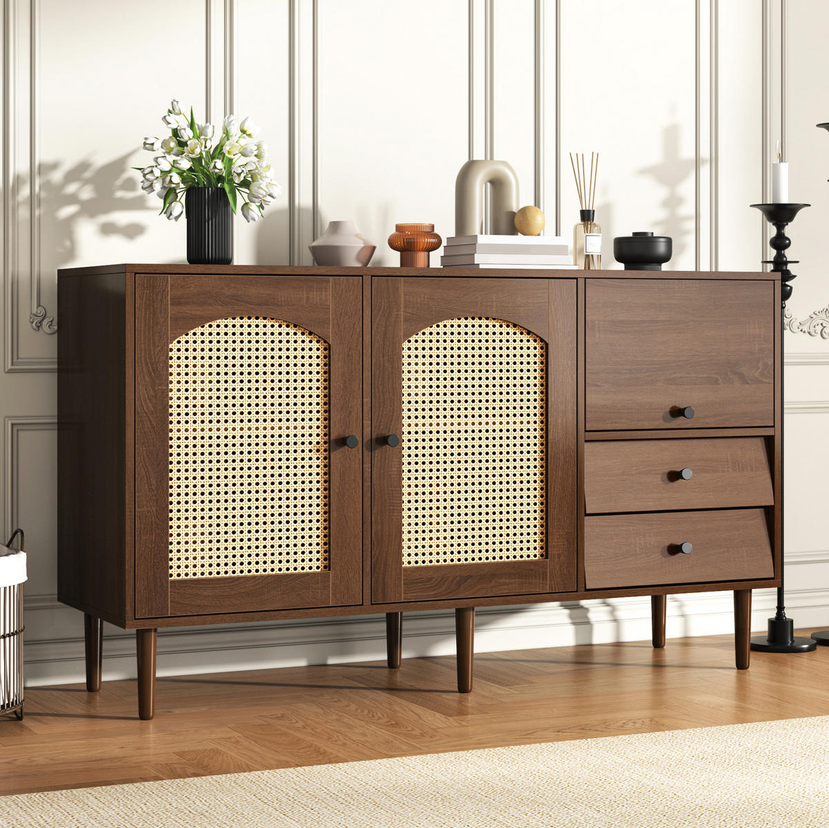 SIDEBOARD im Landhausstil 130 x 40 x 75,5 cm Holzoptik mit Rattantüren - Braun, Holzwerkstoff (130/75.5/40cm) - Meubliv