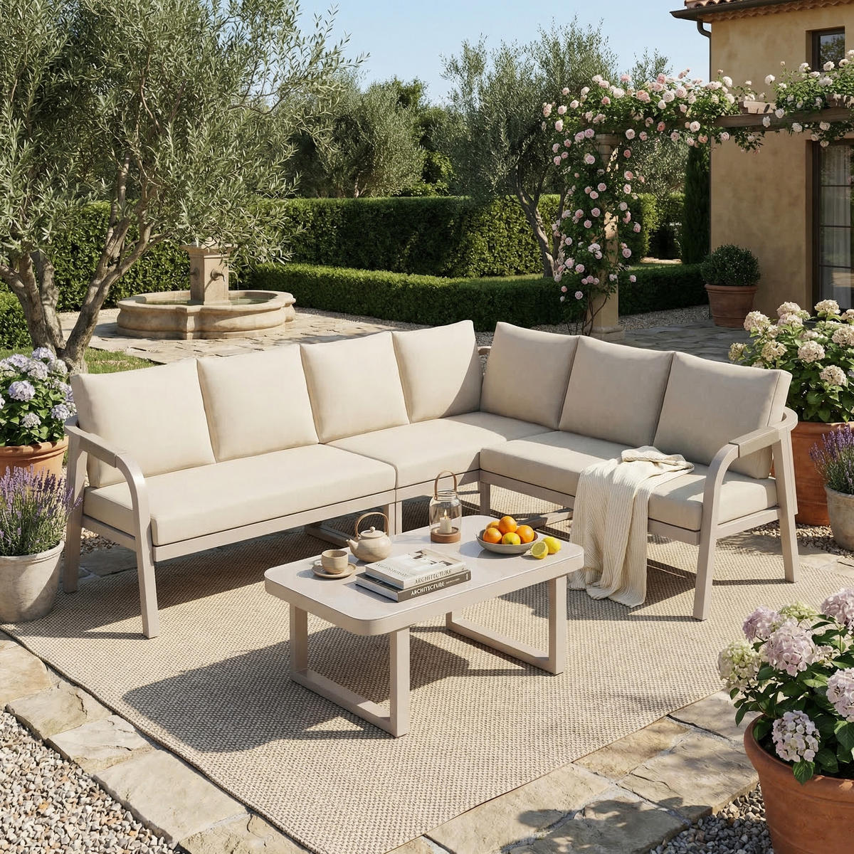 GARTENMÖBEL-SET 6 Personen Ecksofa Couchtisch Stahl Beige - Beige, Textil - FLIEKS