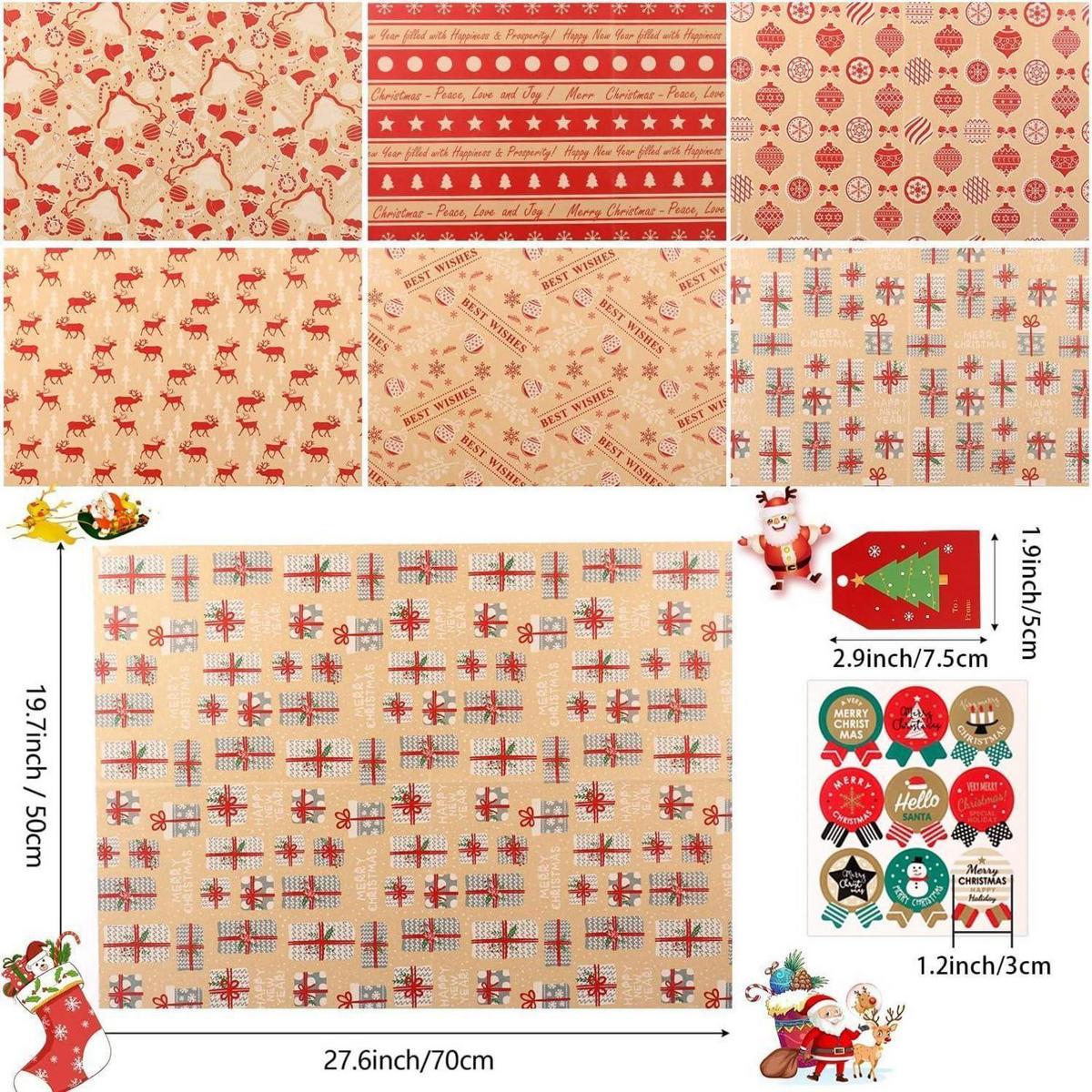 GESCHENKPAPIER Set 8 Blatt Braun Rot 70x50cm - Multicolor, Papier (50/0.1/70cm)