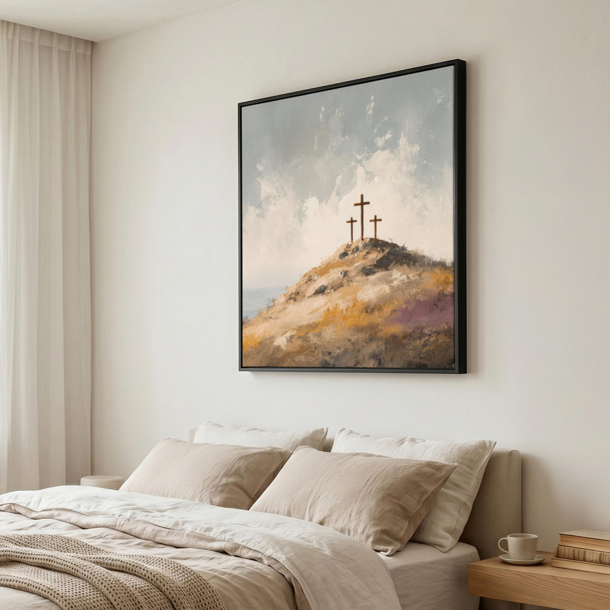LEINWAND Bilder mit Rahmen - Hügel - Abstrakt - Christentum - Kreuz - 90x90 - Hellgrau, Textil (90/90cm) - MuchoWow