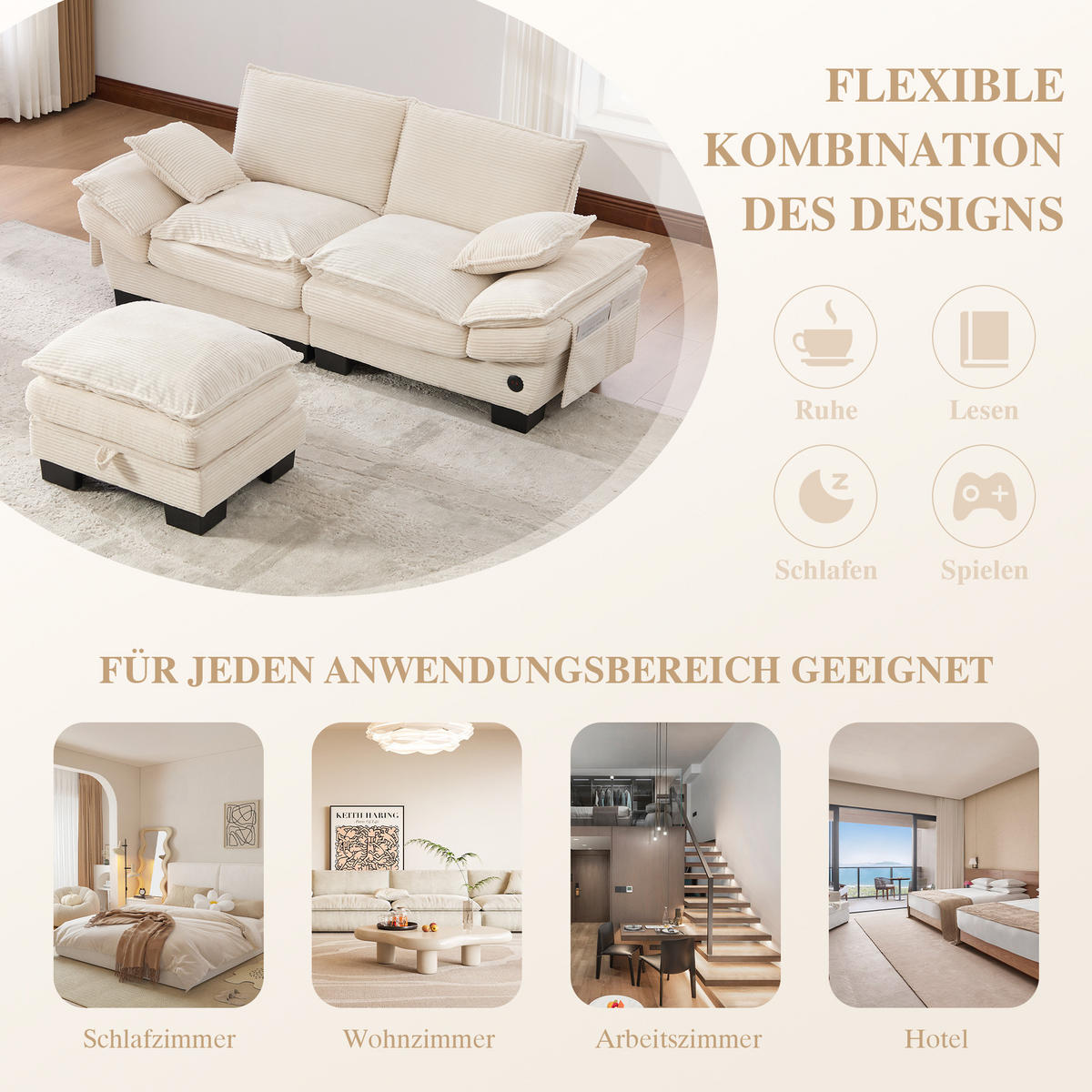 2-SITZER-SOFA DE-33749 mit Hocker und USB-C Beige - Beige, Metall (190/84/132cm) - ComfortXL