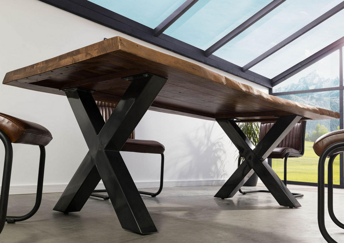 BAUMTISCH Sheesham 240x100x77 grau gebeizt / X-Beine anthrazit glänzend FREEFORM 5 - Grau, Holz (240/100/77cm) - Massivmoebel24