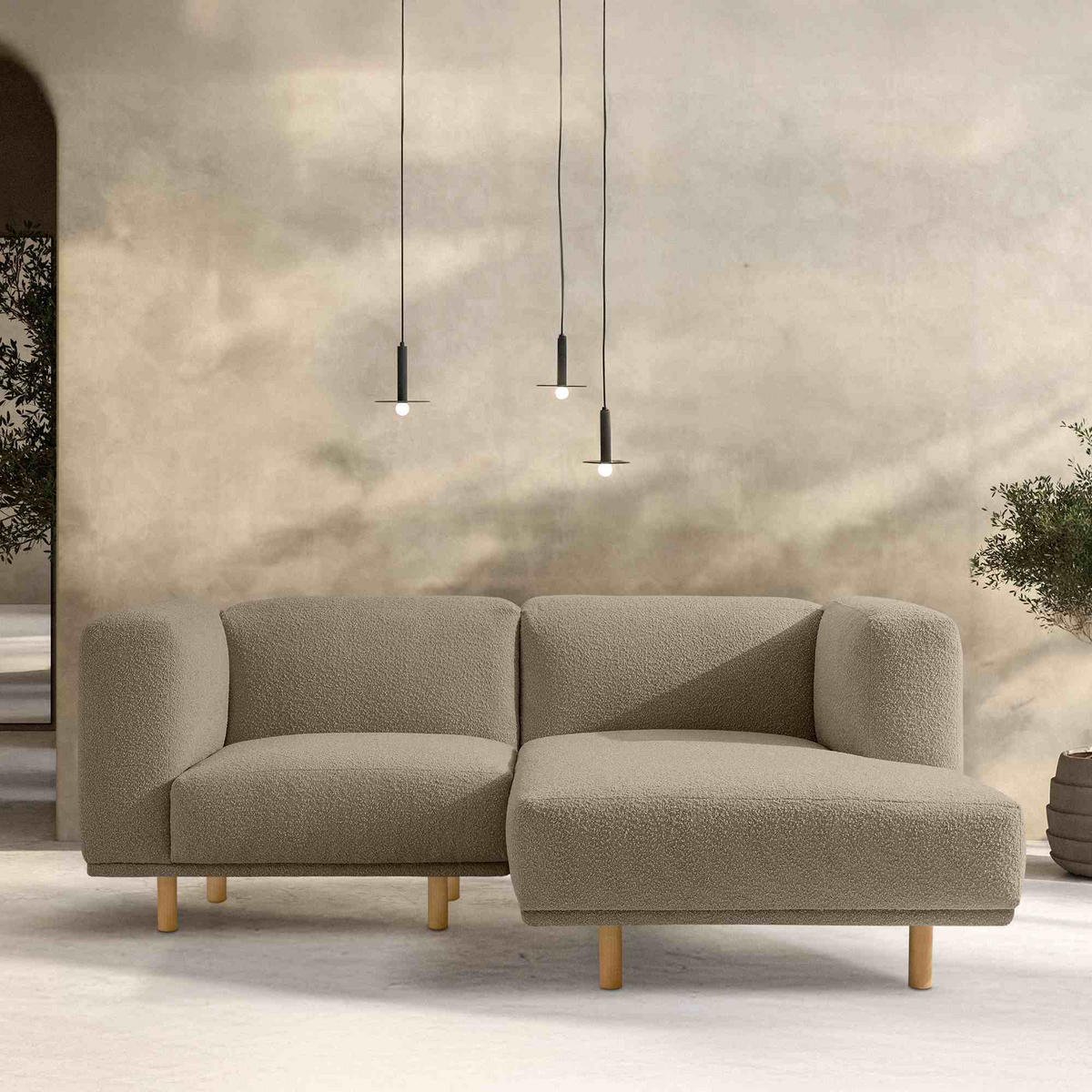 ECKSOFA-RECHTS FOSERO, Bouclé - Greige/Buchefarben, Holz/Holzwerkstoff (204/155cm) - KONSIMO®