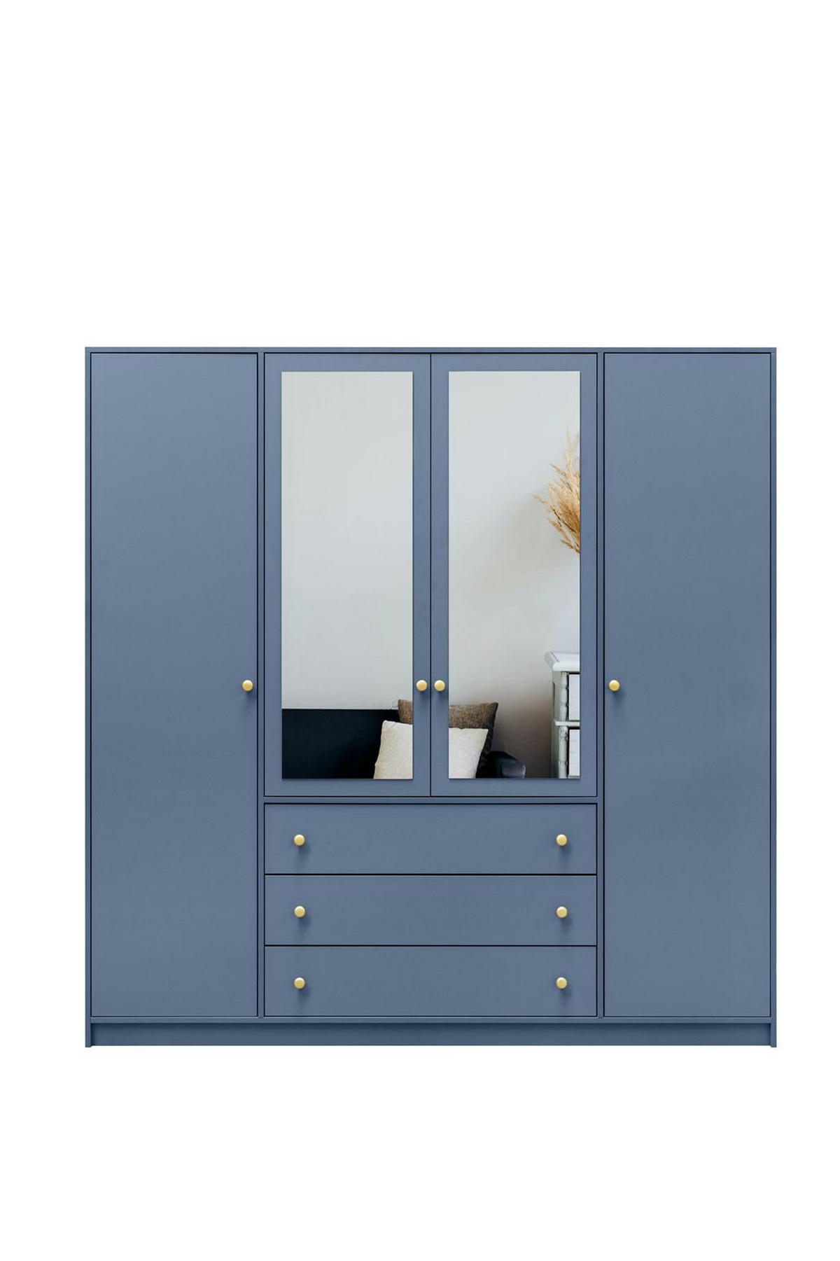 KLEIDERSCHRANK Rainbow Hellblau, viertüriger Drehtürenschränk mit Spiegel und Schubladen - Hellblau, Holzwerkstoff (196/200/58cm) - Bettso