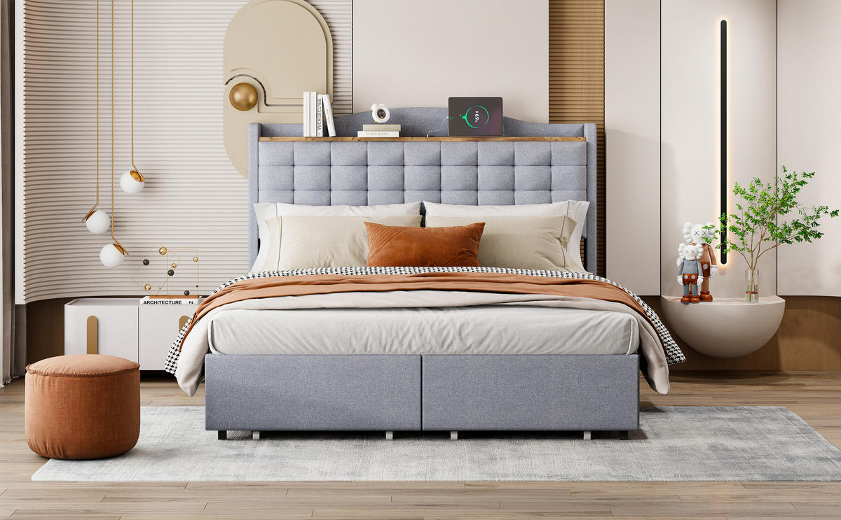 BETT grau 200/146/110 cm - Grau, Textil/Metall (140/200cm) - Urban Meuble