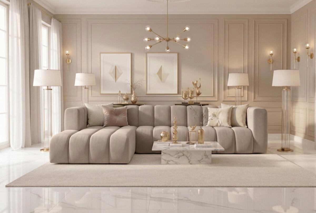 ECKSOFA L-Form GRAND 318 cm, Stoff Salvador, Beige, Links - Beige, Holz (318/179cm) - Kaiser Möbel