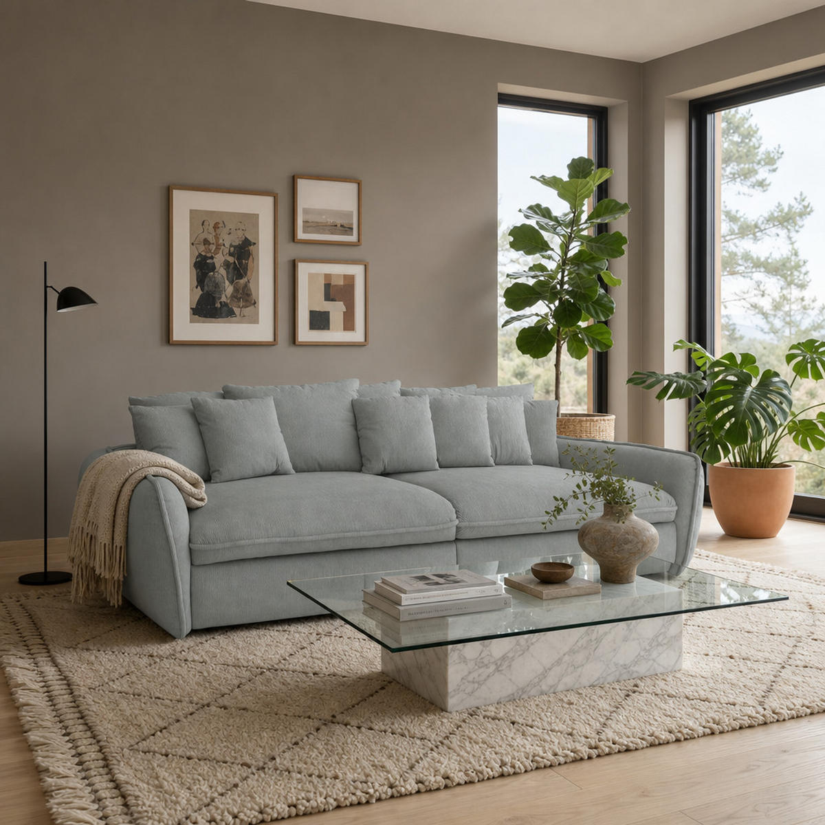 BIGSOFA Hereford Cord Graublau inkl. 11 Kissen 234/131/61 cm - Jadegrün, Kunststoff/Textil (234/61/131cm) - foamnova