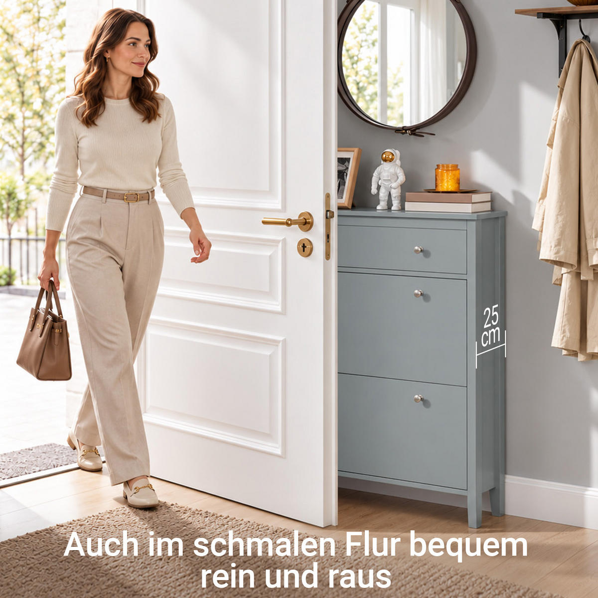 SCHUHSCHRANK Grau, 80 x 108 x 25 cm, mit Schublade und 2 Klappen für bis zu 12 Paar, schmal für den Flur - Grau, Holzwerkstoff (80/108/25cm) - SoBuy