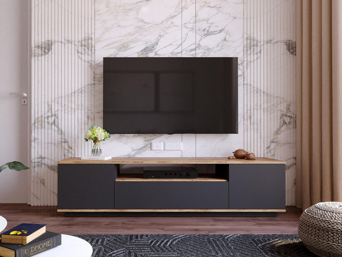 TV-MÖBEL mit 3 Türen & 1 Ablagefach - Anthrazit & Holzfarben - LOTULA - Anthrazit, Holz (180/44.6/44.5cm) - Vente-Unique