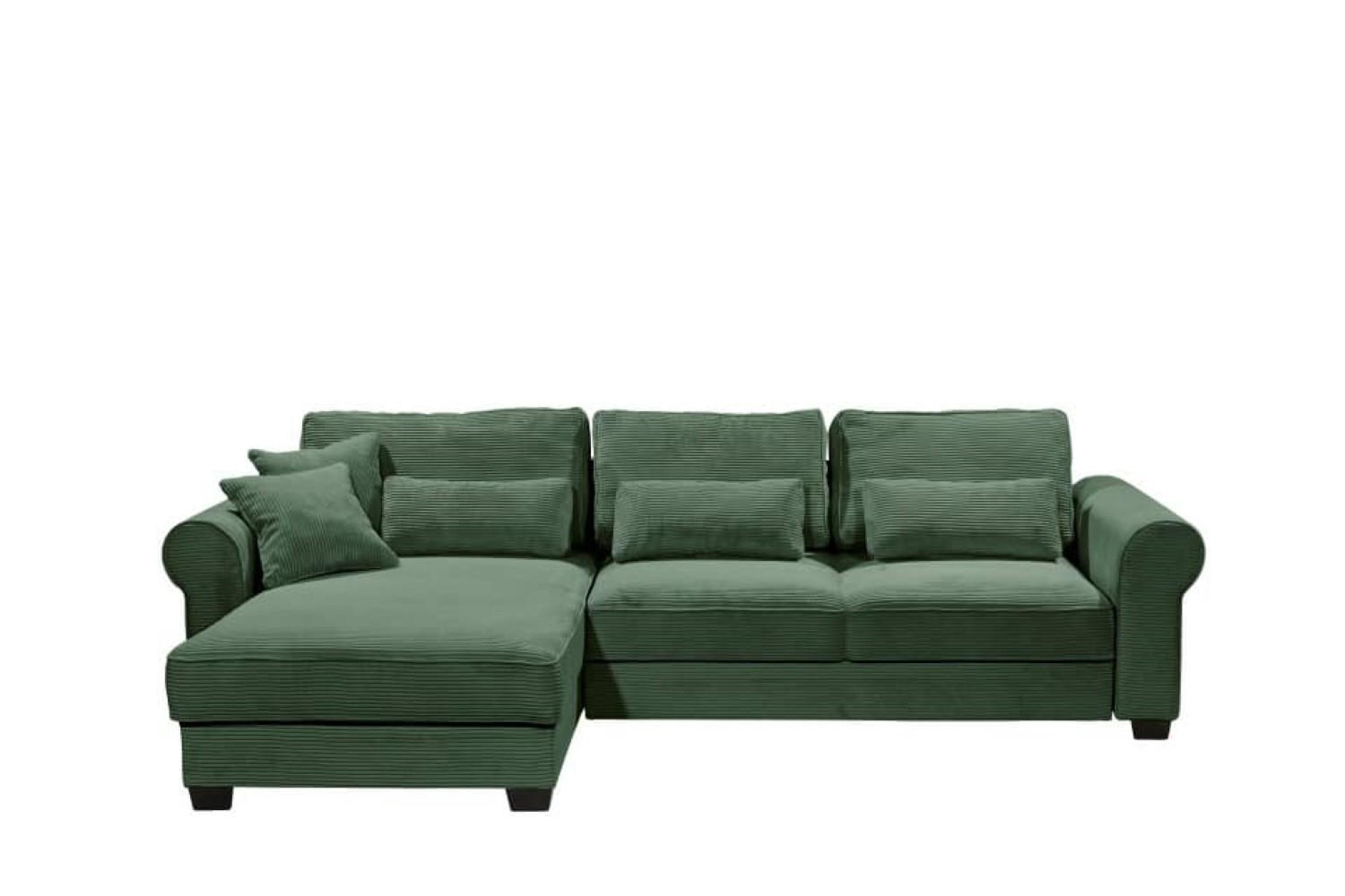 ECKSOFA beidseitig montierbar, Schlaffunktion mit Bettkasten und Nosagfederung in Breitcord - Dunkelgrün/Schwarz, Textil (318/197cm) - ed exciting design