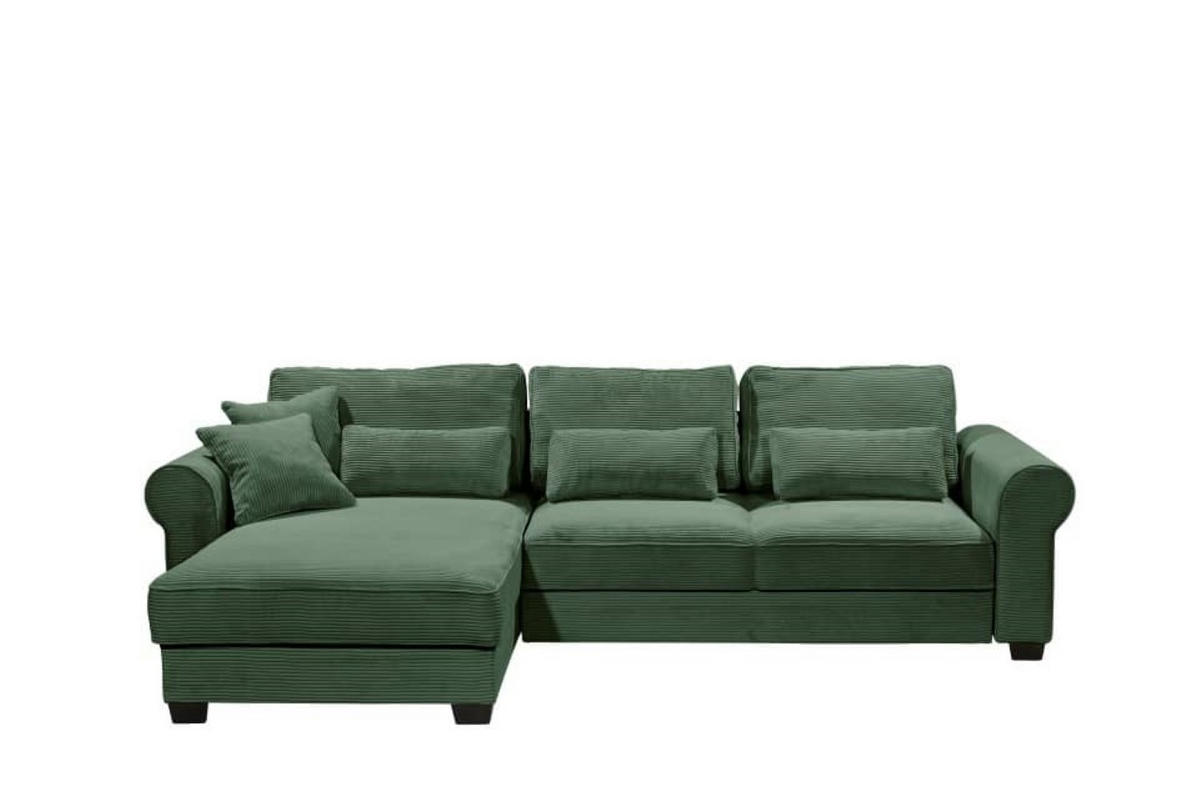 ECKSOFA beidseitig montierbar, Schlaffunktion mit Bettkasten und Nosagfederung in Breitcord - Dunkelgrün/Schwarz, Textil (318/197cm) - ed exciting design