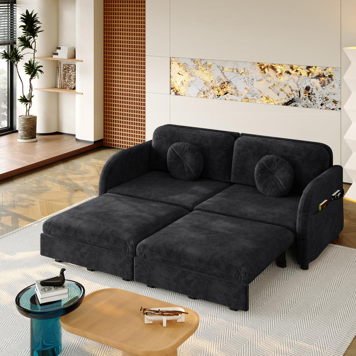 SCHLAFSOFA 166/84/90 cm Schwarz Chenille mit losen Kissen und Stautaschen an beiden Seiten - Schwarz, Textil (84/90/166cm) - Oxeza