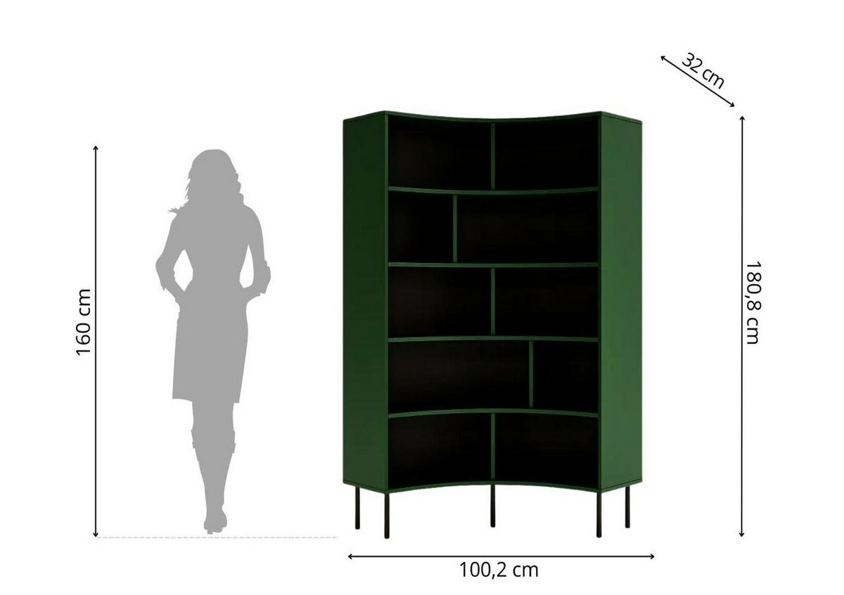 BÜCHERREGAL Horn, Marinblau, Bogenform, 10 Fächern - Schwarz/Dunkelblau, Holzwerkstoff/Metall (100/181/32cm) - Skandica