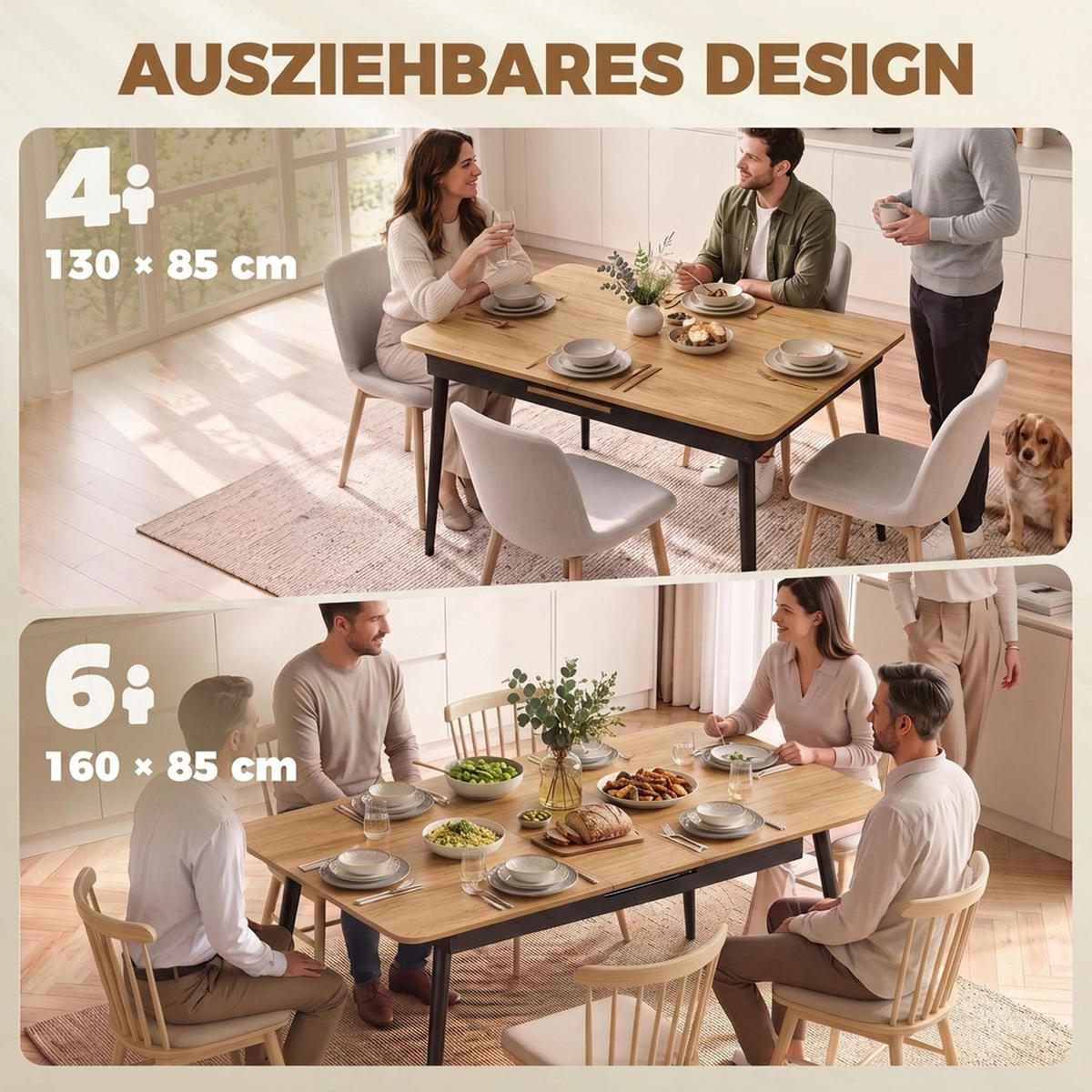 AUSZIEHBARER-ESSTISCH MDF Metall Eiche - Eichefarben/Schwarz, Holzwerkstoff/Metall (160/85/75cm) - HOMCOM