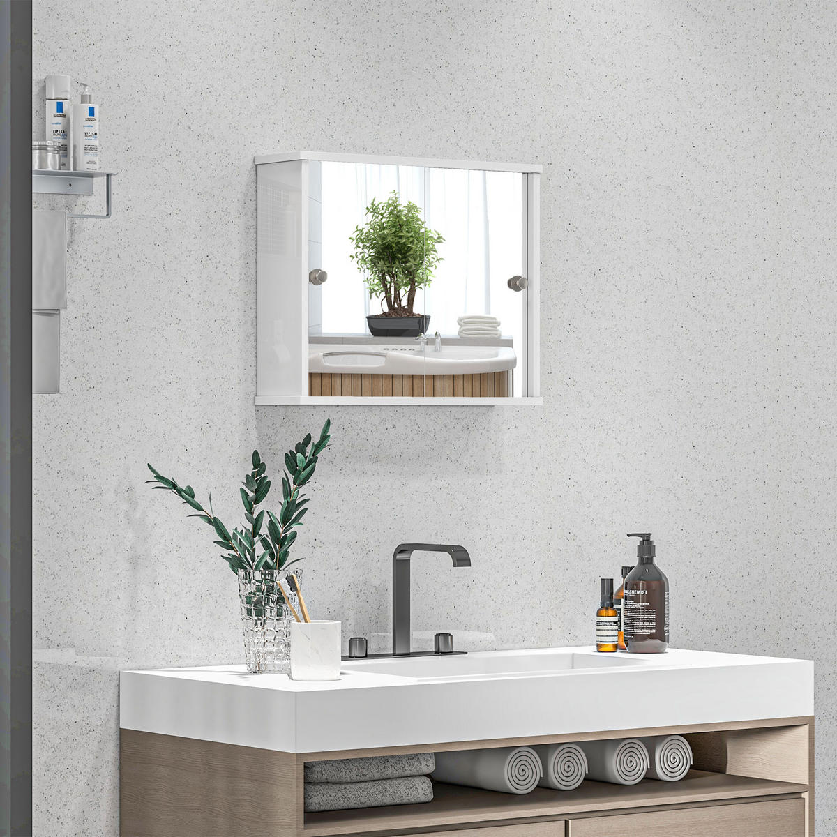 SPIEGELSCHRANK mit verstellbarem Einlegeboden und Doppel Schiebetür für Badezimmer Waschbecken,55x15x45cm Hochglanz Weiß - Weiß, Glas (55/45/15cm) - Vallsero