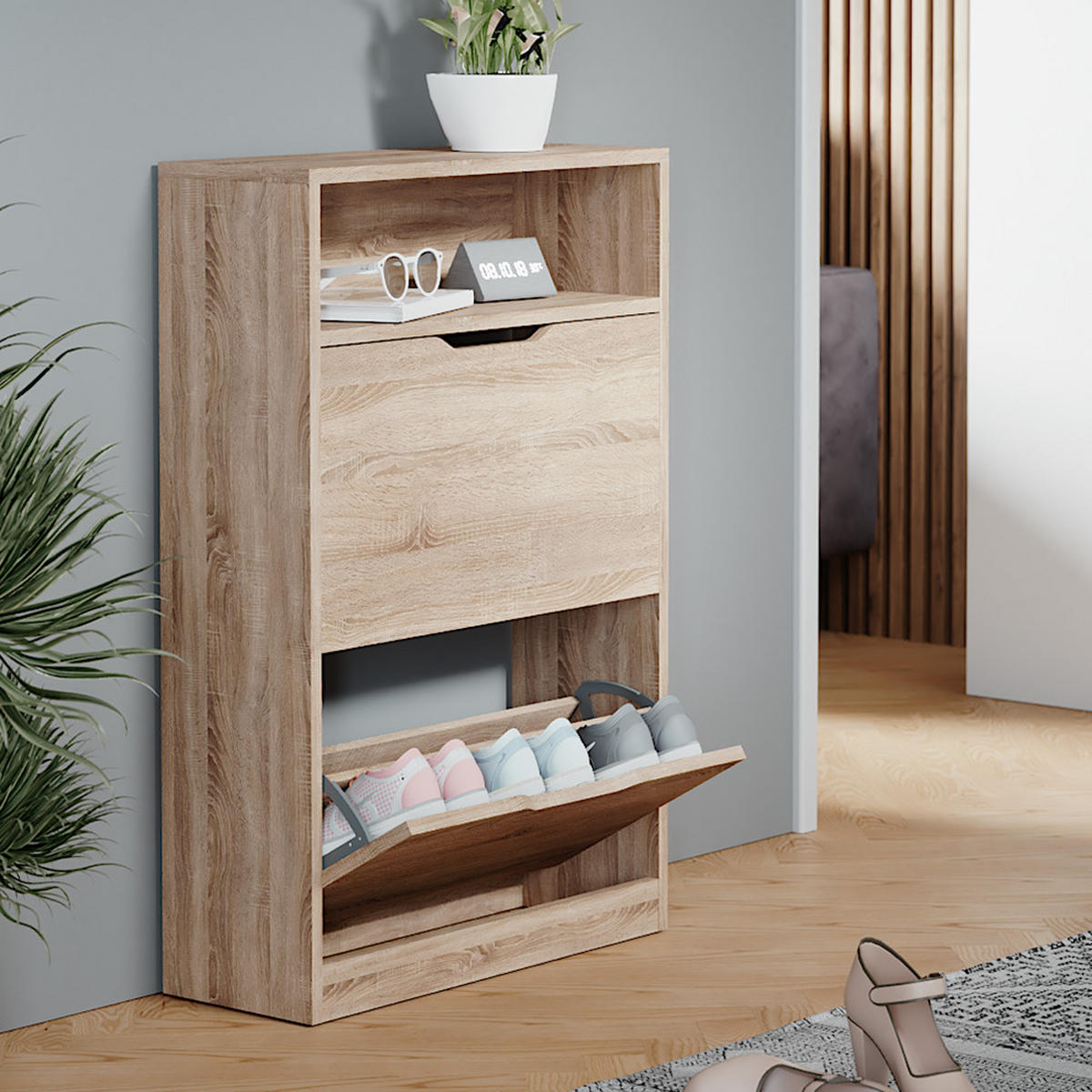 SCHUHKIPPER Luca Sonoma 59 x 89.5 cm mit 2 Fächern - Sonoma Eiche, Holzwerkstoff (59/89.5/22cm) - Vicco