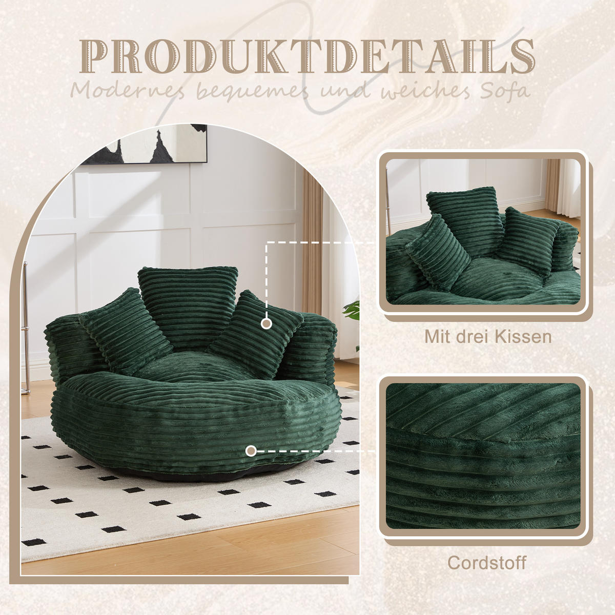 SITZSACK in Chenille mit 3 Kissen - Grün, Textil (108/52/108cm) - Urban Meuble