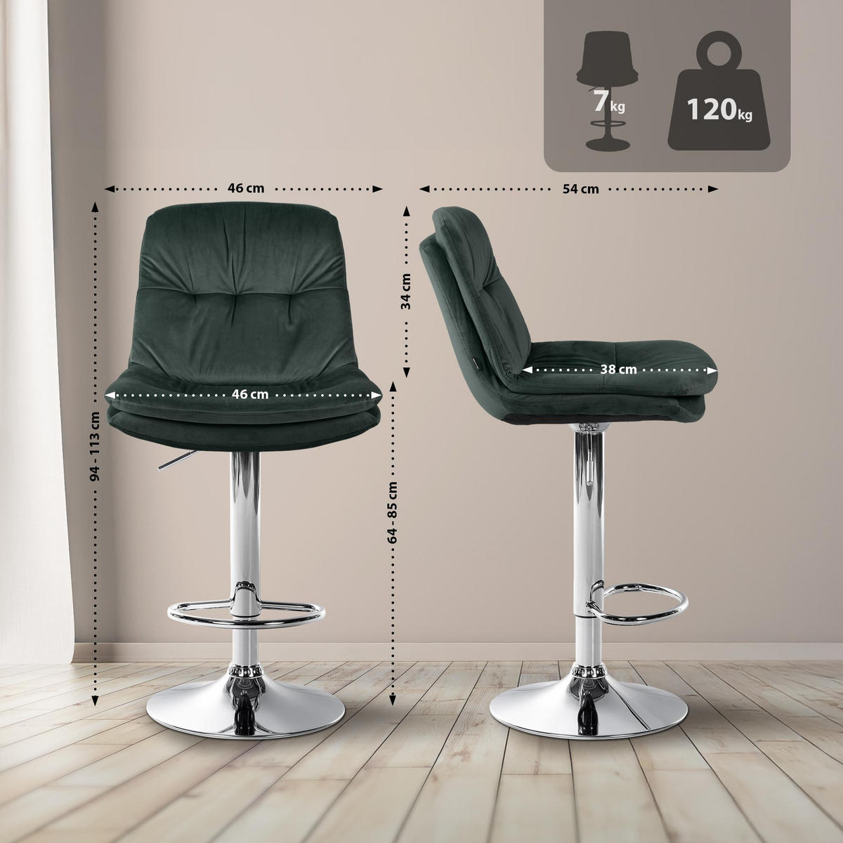 BARHOCKER Samt dunkelgrün - Dunkelgrün/Schwarz, Textil (46/94/54cm) - CLP