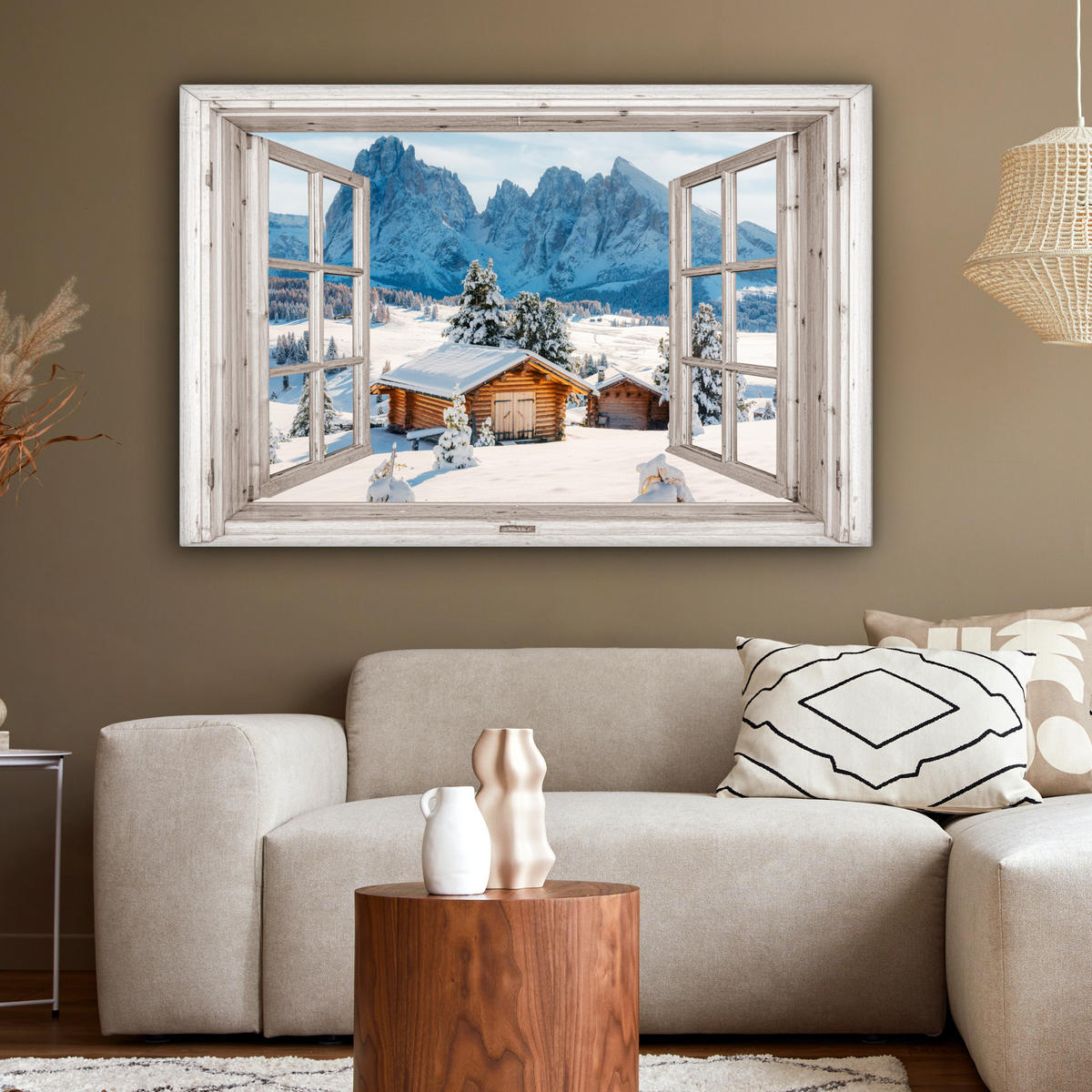 LEINWANDBILD Winterlandschaft - Hütte - Berge - Ausblicke - Aussicht - Natur XXL 150x100 cm - Weiß Hochglanz, Textil (150/100cm) - MuchoWow