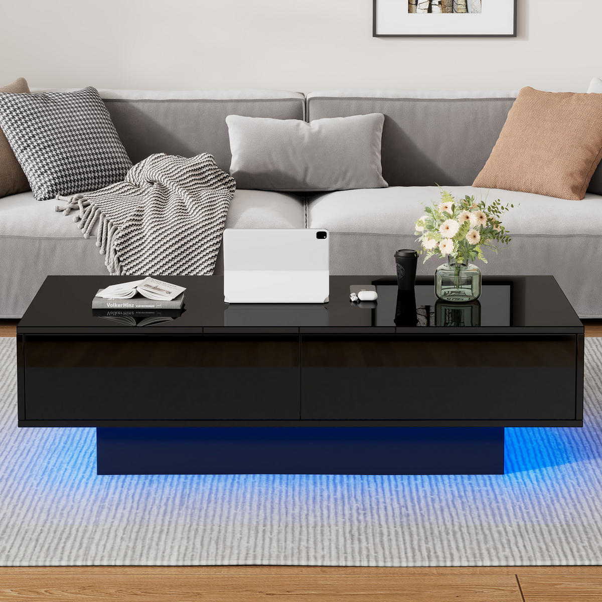 COUCHTISCH DE-185 Schwarz mit LED und 2 Schubladen - Schwarz, Holzwerkstoff (55/115/34cm) - ComfortXL