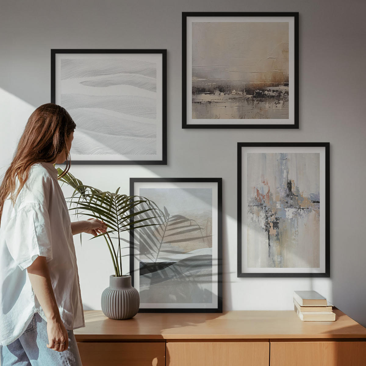 WANDBILDER 4er-Set - 50x50 cm & 40x60 cm Schwarzer Rahmen - Abstrakte Erdmuster - Schwarz, Kunststoff (50/50cm) - ArtPrintCave