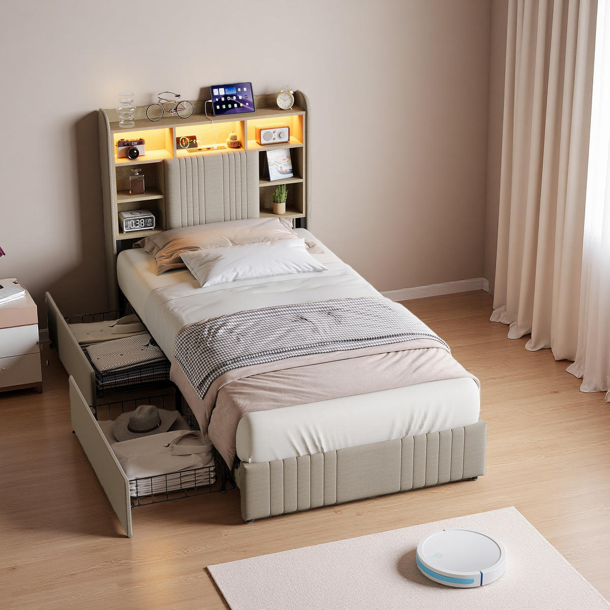 POLSTERBETT 90x200 BEIGE Leinenoptik, 2 Schubladen, USB - Beige, Holz - SHOPENTRA