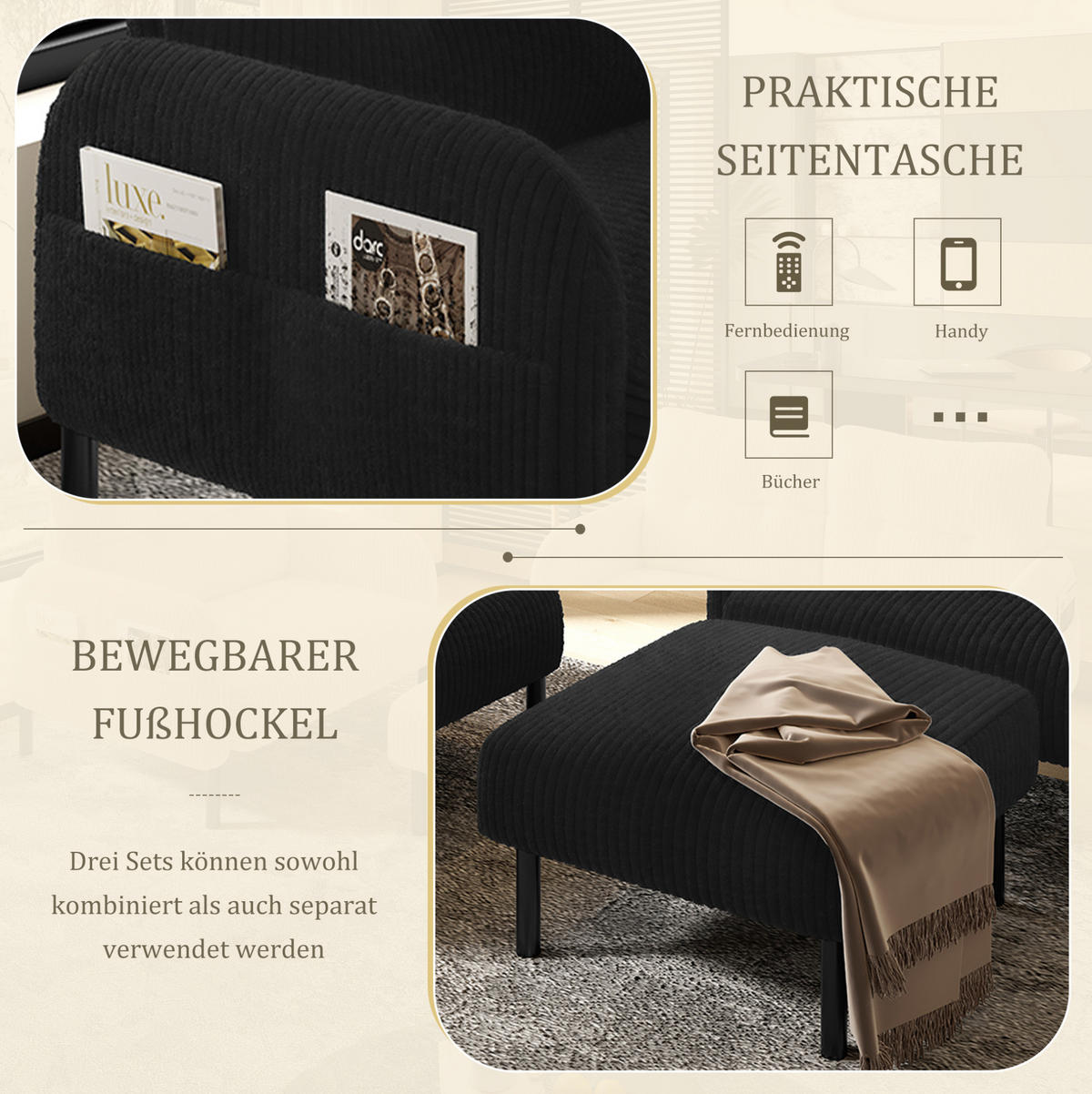 SOFA-SET 3er-Set mit Seitentasche Cord Schwarz - Schwarz, Textil (120/79/75cm) - IVMEU