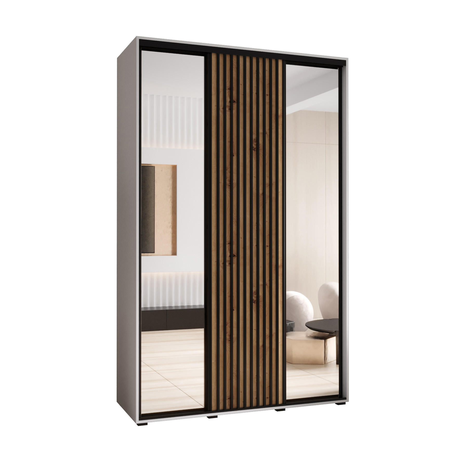Abiks Möbel Schwebetürenschrank Weiß, Eiche Artisan, Schwarz 150x205.2x60 cm
