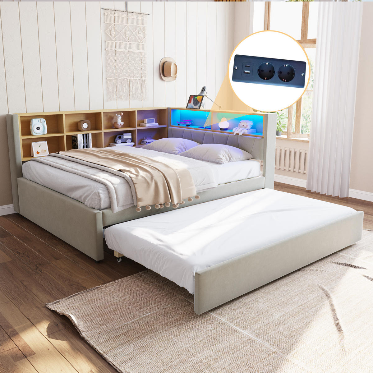 POLSTERBETT 90/140x200 LED USB Stauraum Hellgrau - Weiß, Textil (140/200cm) - FLIEKS