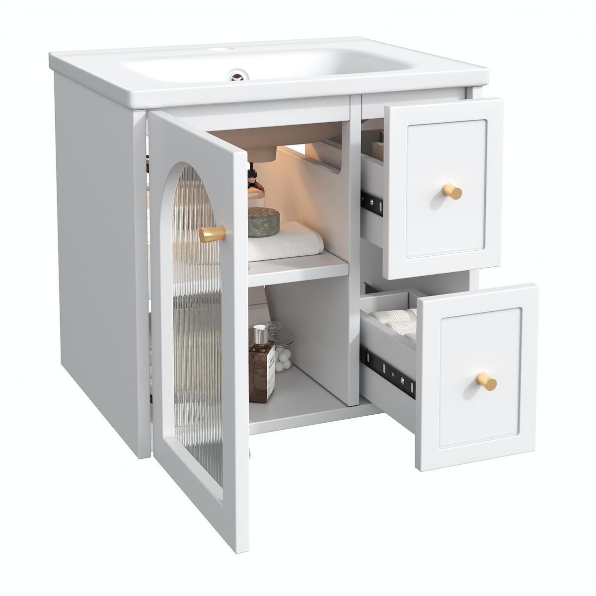 WASCHBECKENUNTERSCHRANK Keramik LED Glastür Soft-Close - Weiß, Holzwerkstoff (60.5/57/47.5cm) - FLIEKS